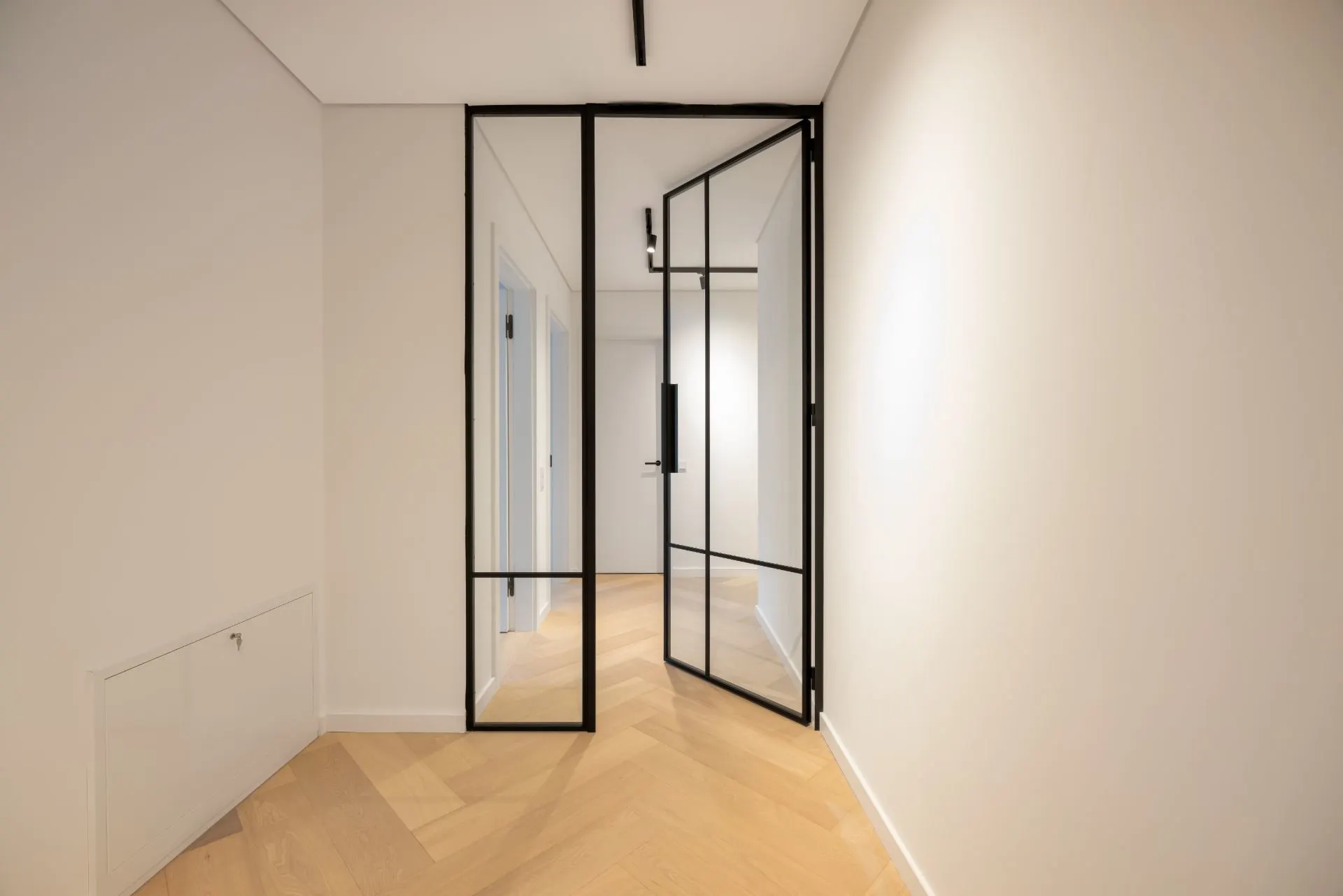 Heller Flur mit Glastür und hellem Holzfußboden in einer Wohnung.