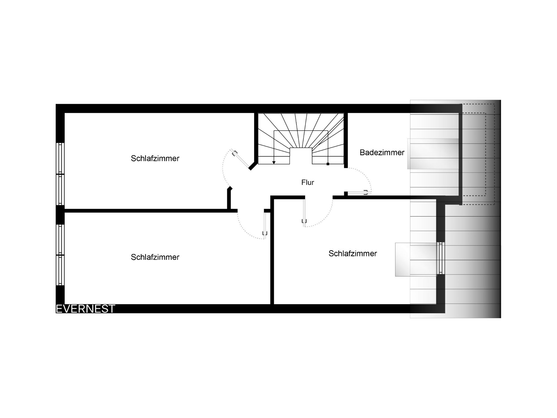 Grundriss mit drei Schlafzimmern, einem Badezimmer und Flur.