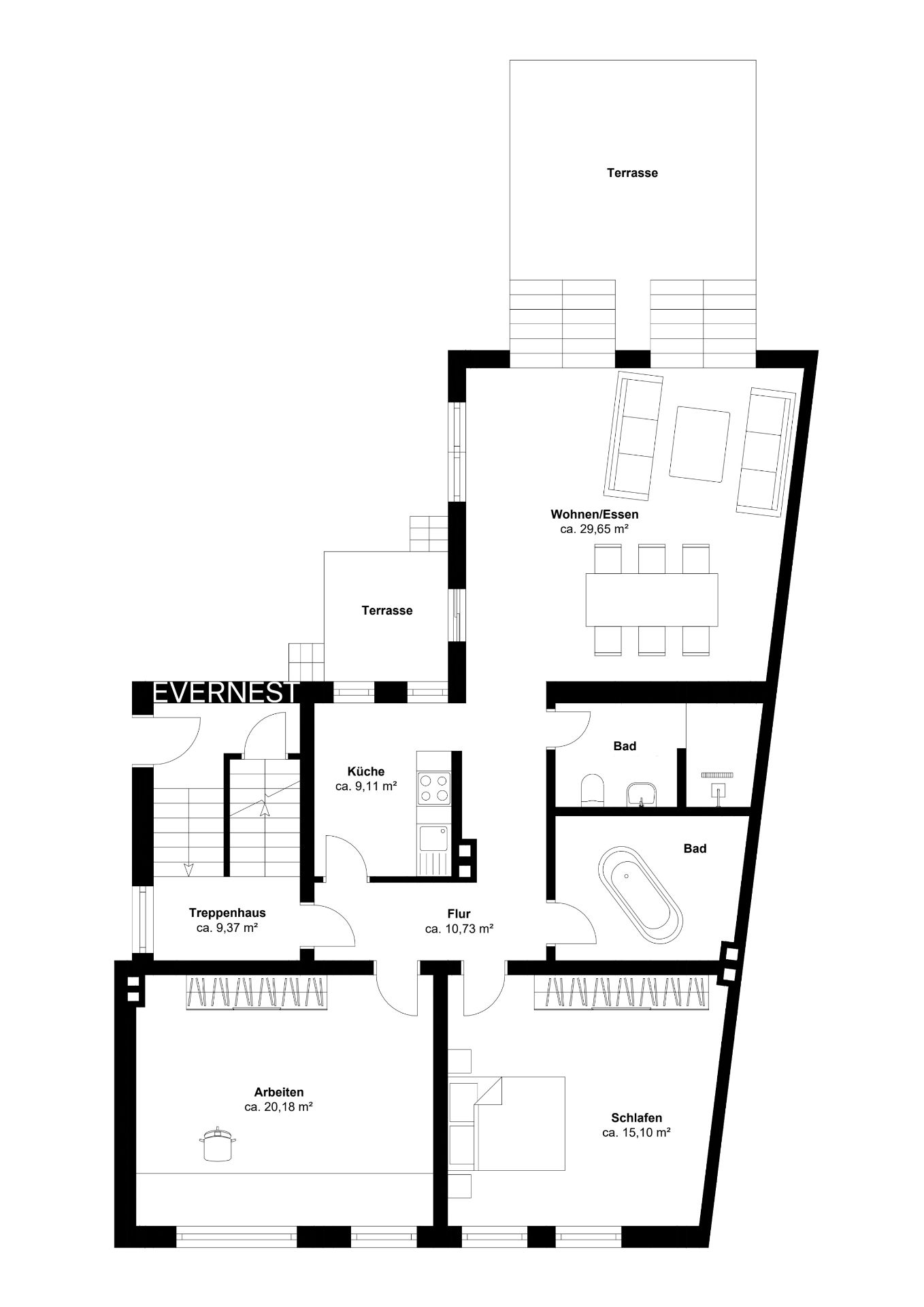 Grundriss einer Wohnung mit Küche, Bad, Schlafzimmer, Arbeitszimmer, Wohnbereich und zwei Terrassen.