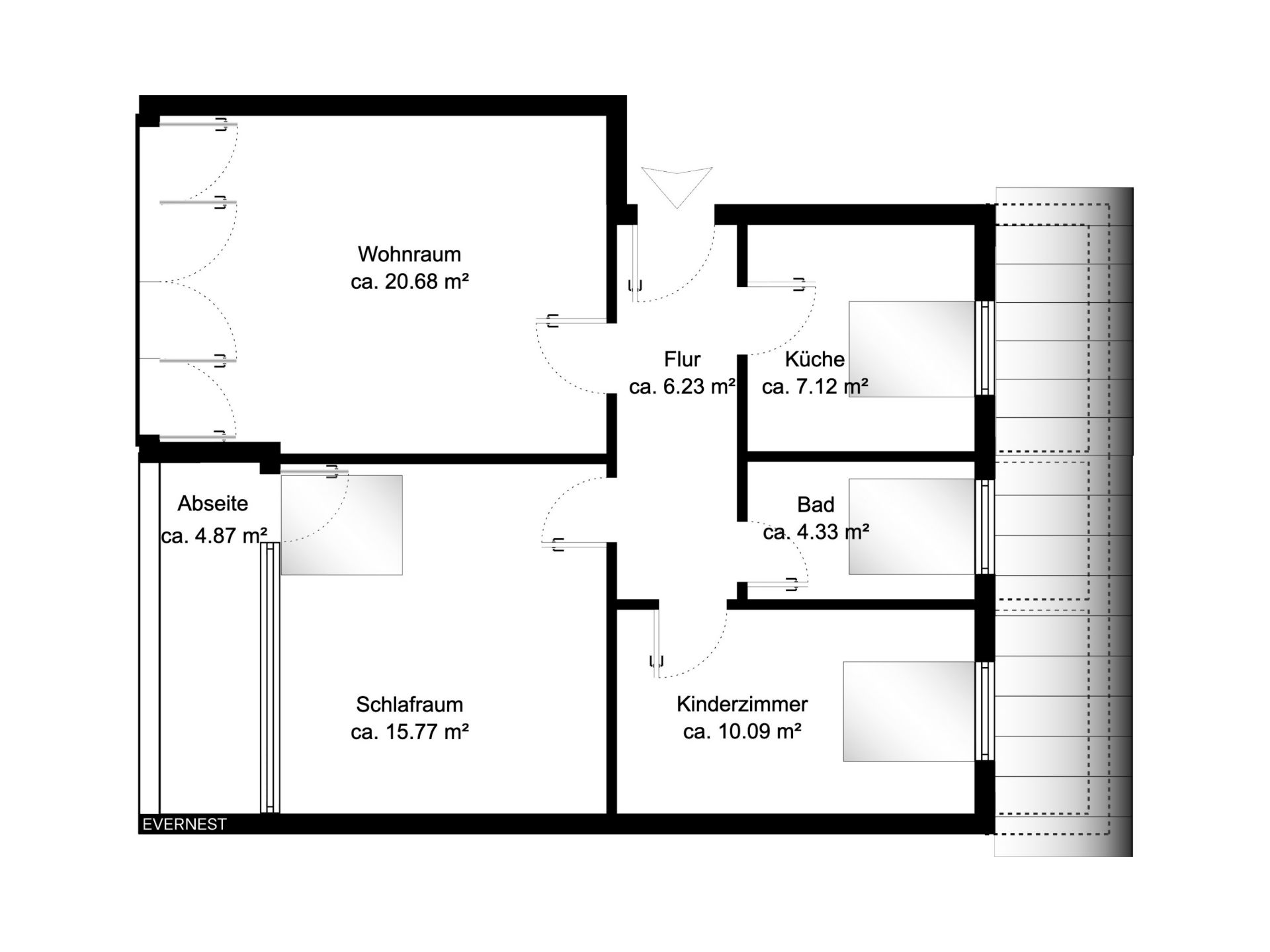 Wohnungsgrundriss mit Wohnraum, Schlafzimmer, Kinderzimmer, Küche, Bad, Abseite und Flur.