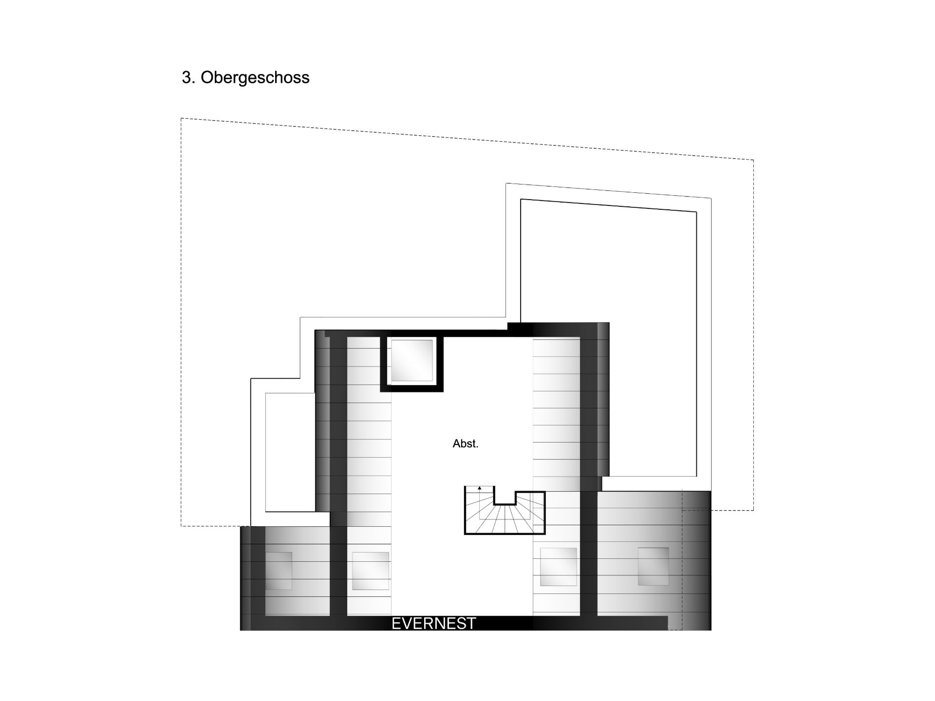 Grundriss des dritten Obergeschosses mit Treppe und Abstellraum.