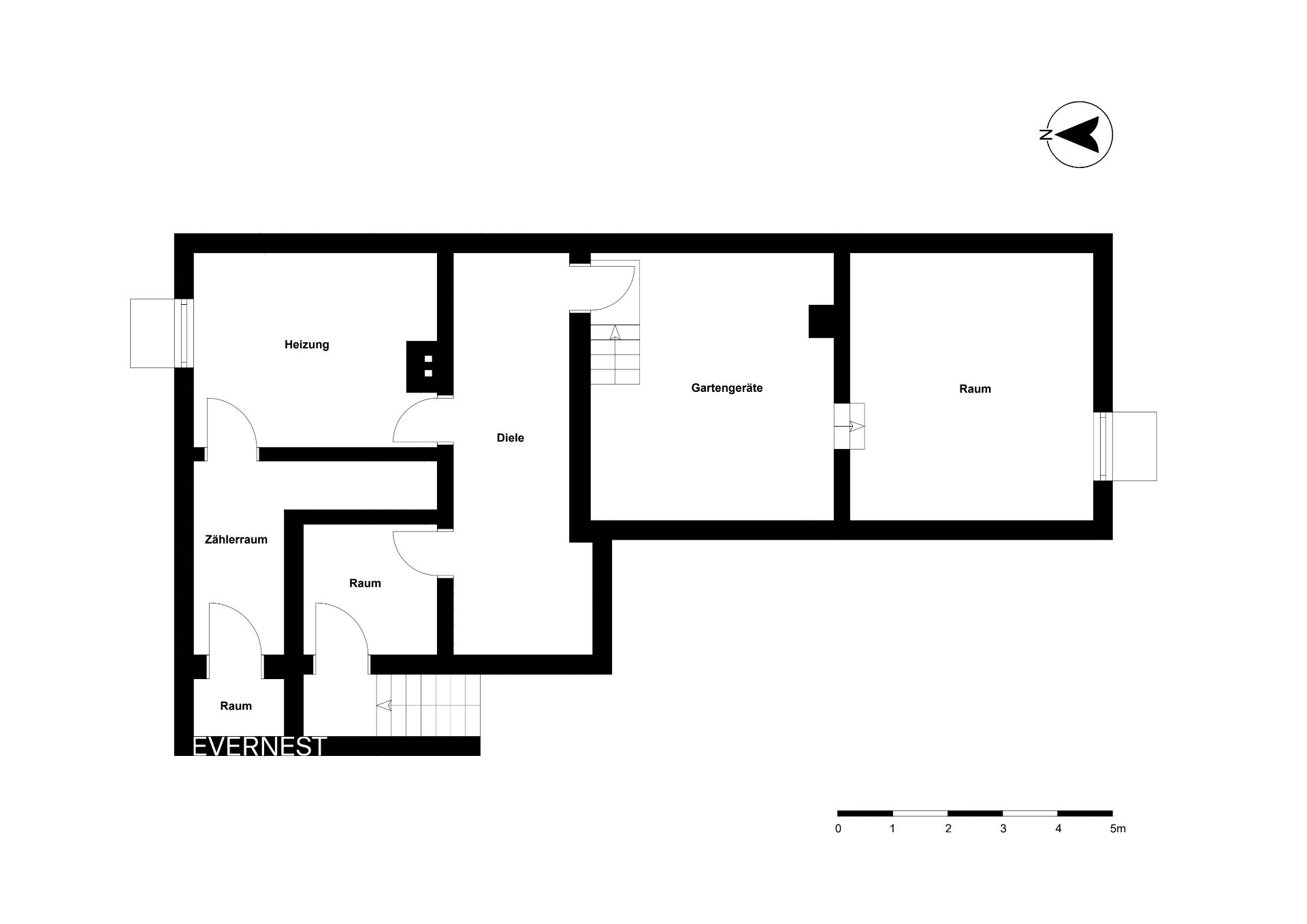 Grundriss mit Heizungsraum, Zählerraum, mehreren Räumen und Gartengerätebereich.