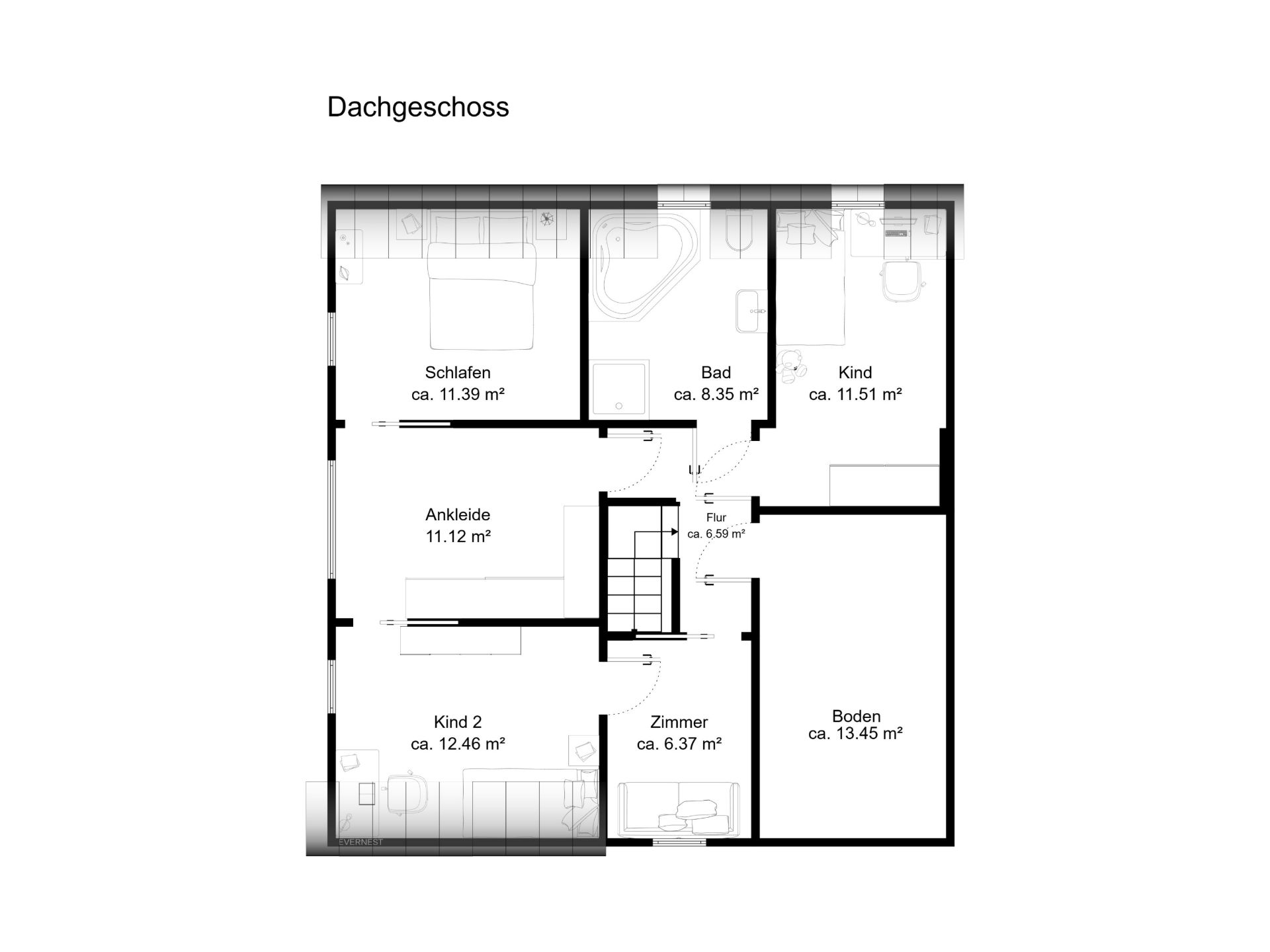 Grundriss des Dachgeschosses mit Schlaf-, Kinderzimmern, Bad, Ankleide, Bodenraum und Flur.