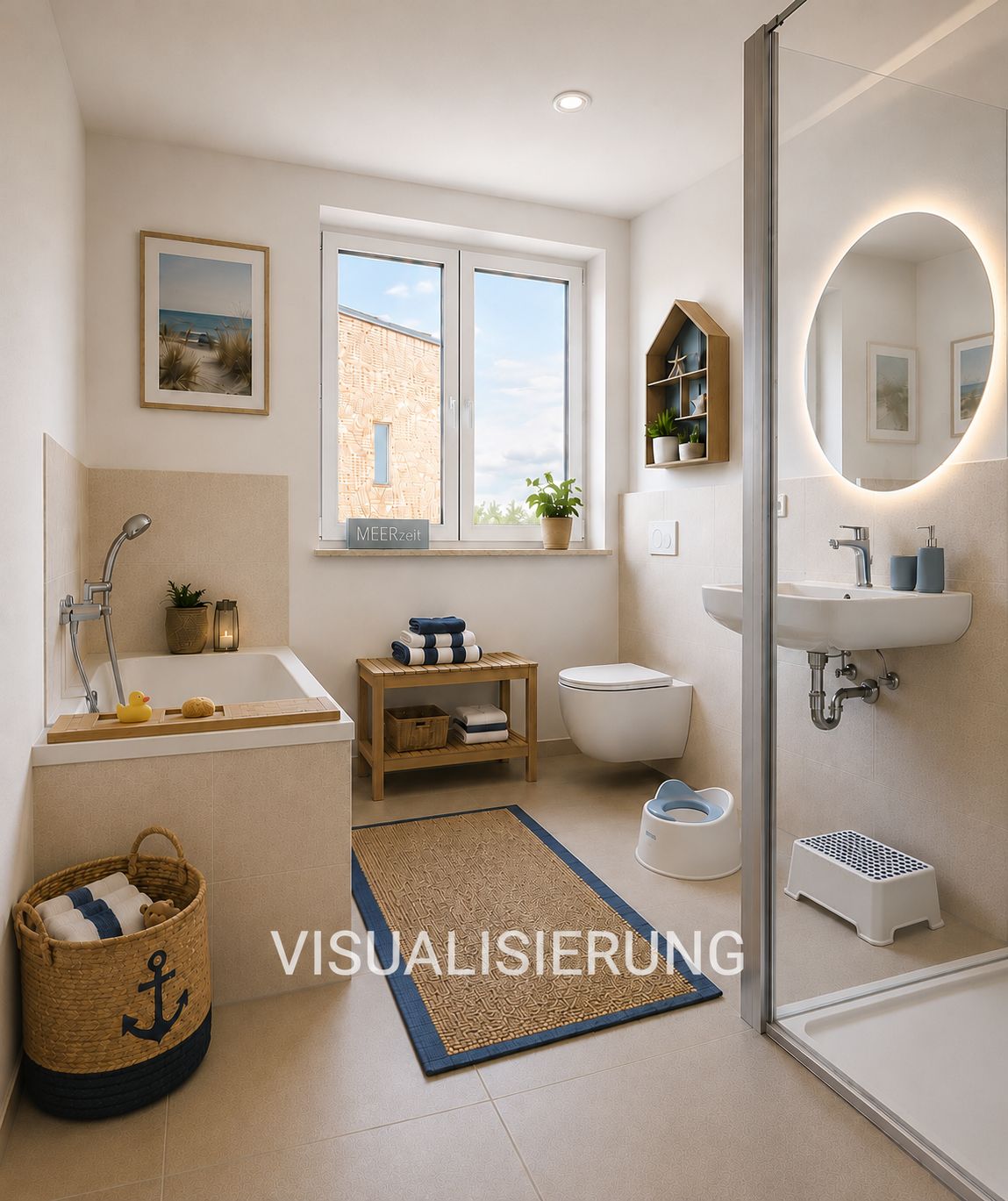Helles Badezimmer mit Badewanne, Dusche, Waschbecken, WC, Fenster und dekorativen Elementen.