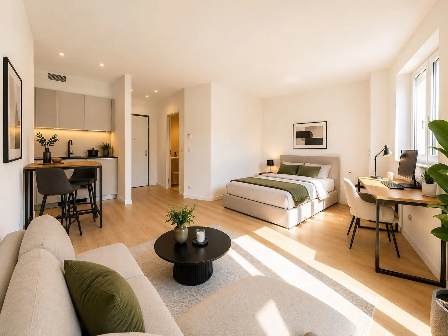 Helles Studio-Apartment mit Bett, Sofa, Schreibtisch, Küchenzeile und Esstisch.