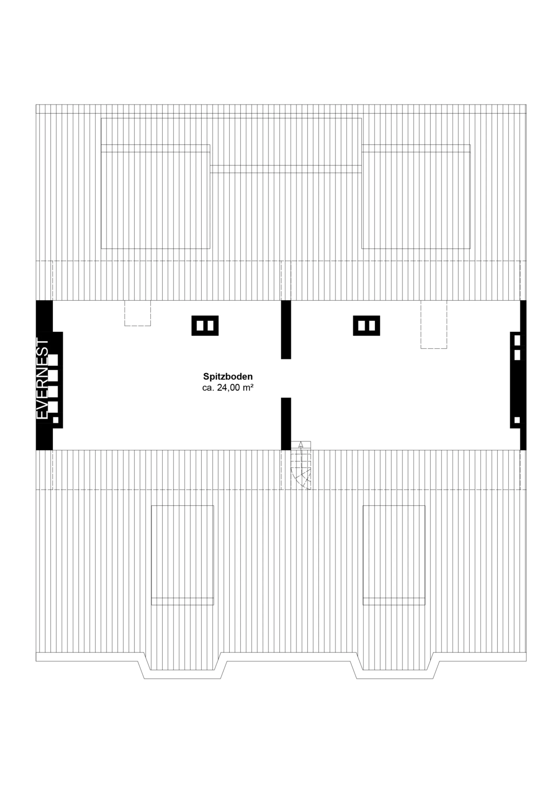 Grundriss eines Dachbodens mit Treppe, Fenstern und Dachschrägen, Fläche ca. 24 qm.