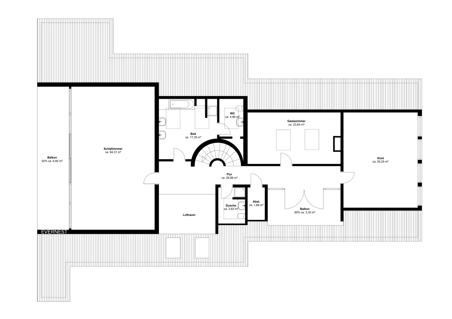 Grundriss eines Wohnhauses mit Schlafzimmer, Bad, WC, Kinderzimmer und Balkon.