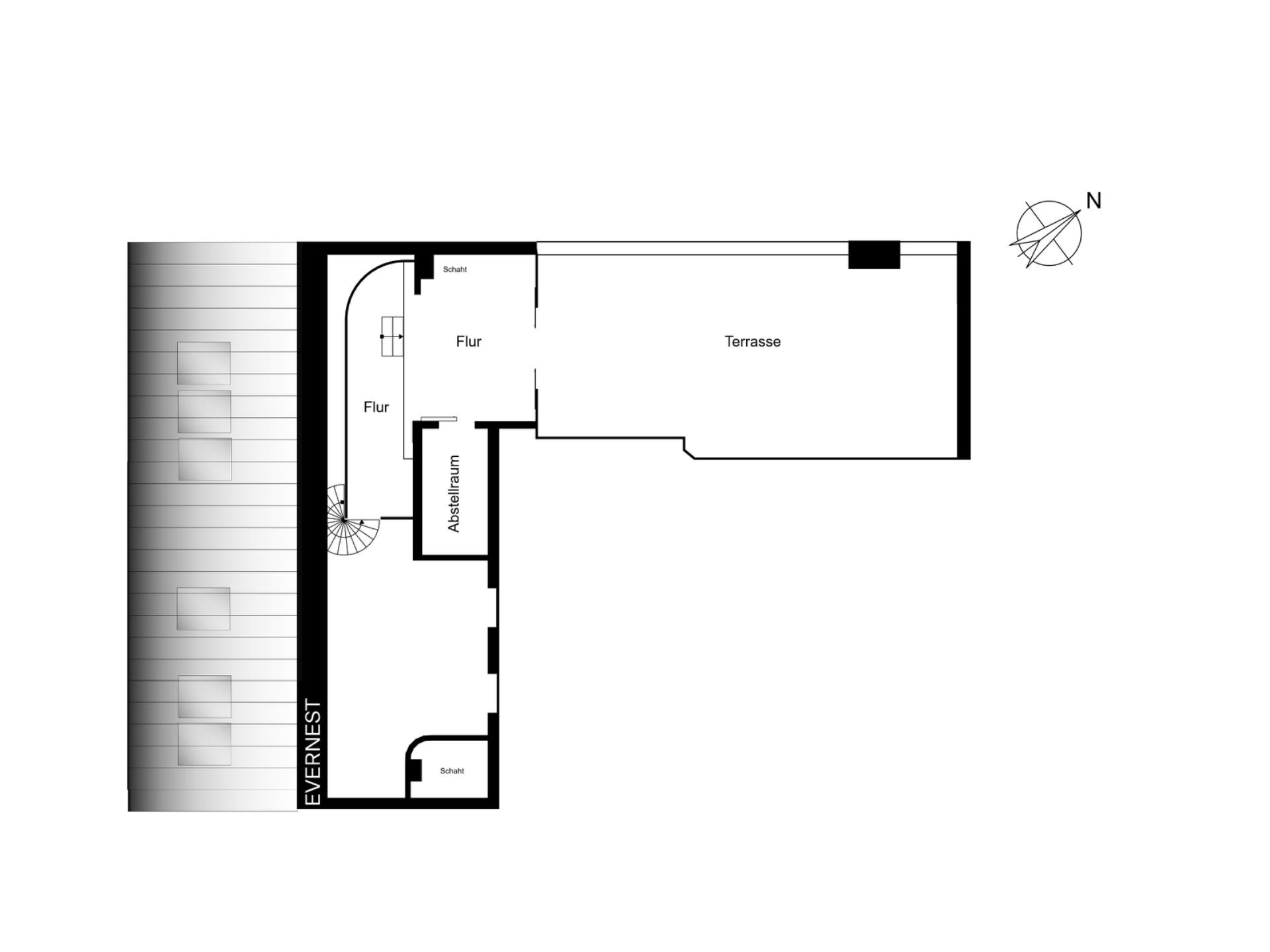 Grundriss mit zwei Schlafräumen, Fluren, Abstellraum und großer Terrasse.