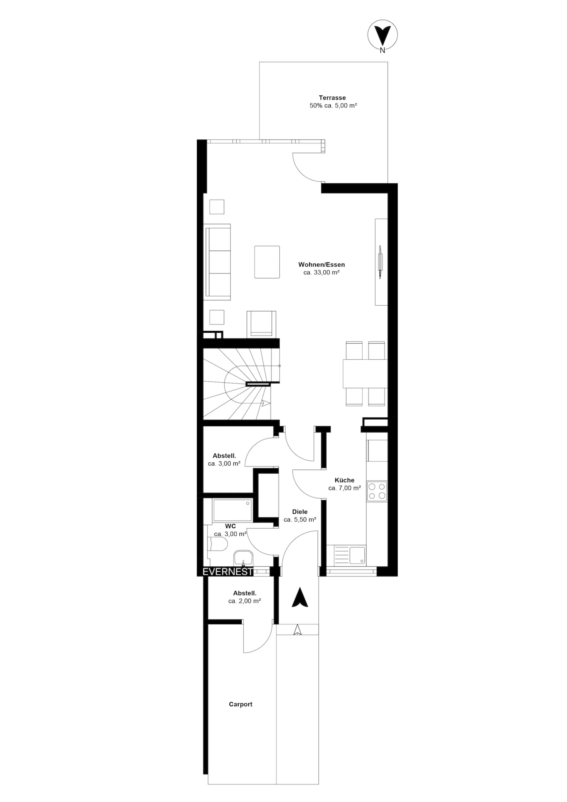 Grundriss mit Wohnzimmer, Küche, WC, Abstellräumen, Diele, Terrasse und Carport.