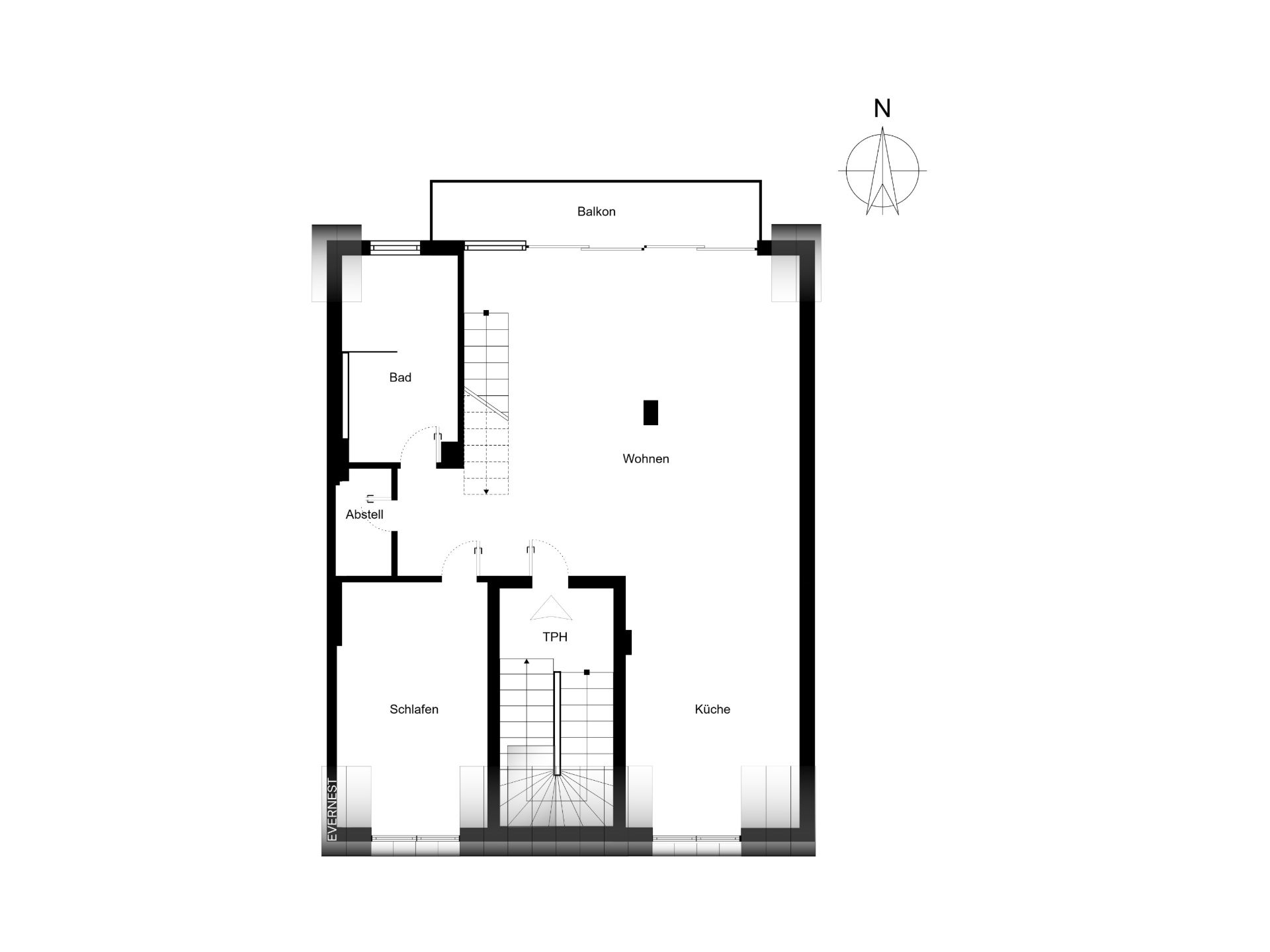 Grundriss einer Wohnung mit Wohnzimmer, Schlafzimmer, Bad, Küche, Abstellraum und Balkon.