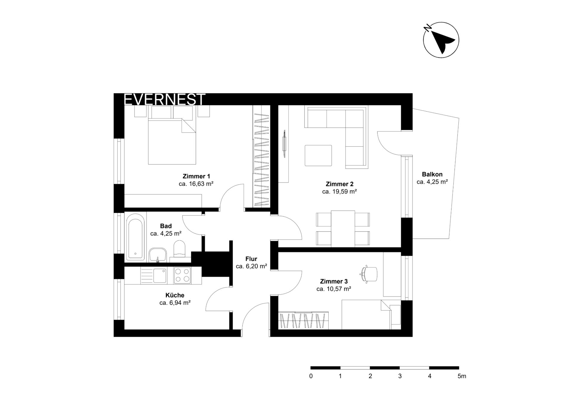 Grundriss einer Wohnung mit drei Zimmern, Küche, Bad, Flur und Balkon.