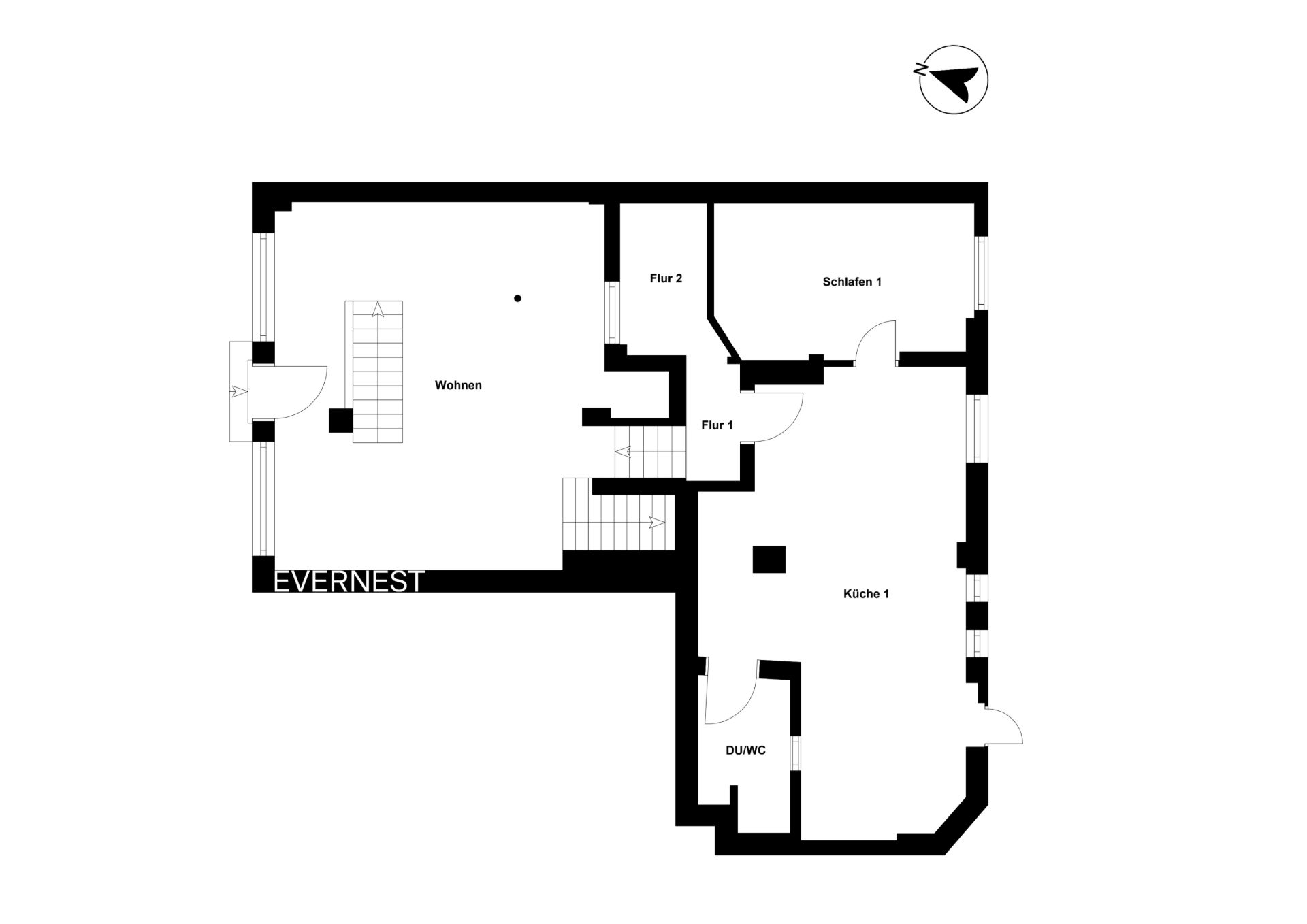 Grundriss mit Wohnzimmer, Schlafzimmer, Küche, zwei Fluren und einem Duschbad/WC.