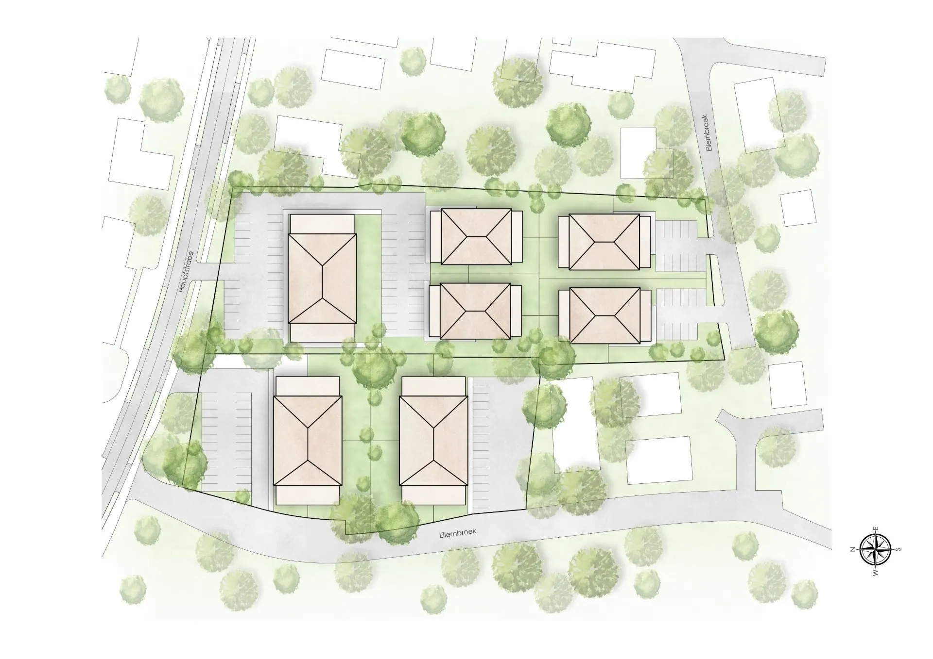 Lageplan eines Wohngebiets mit sieben rechteckigen Gebäuden, Wegen, Parkplätzen und Bäumen.