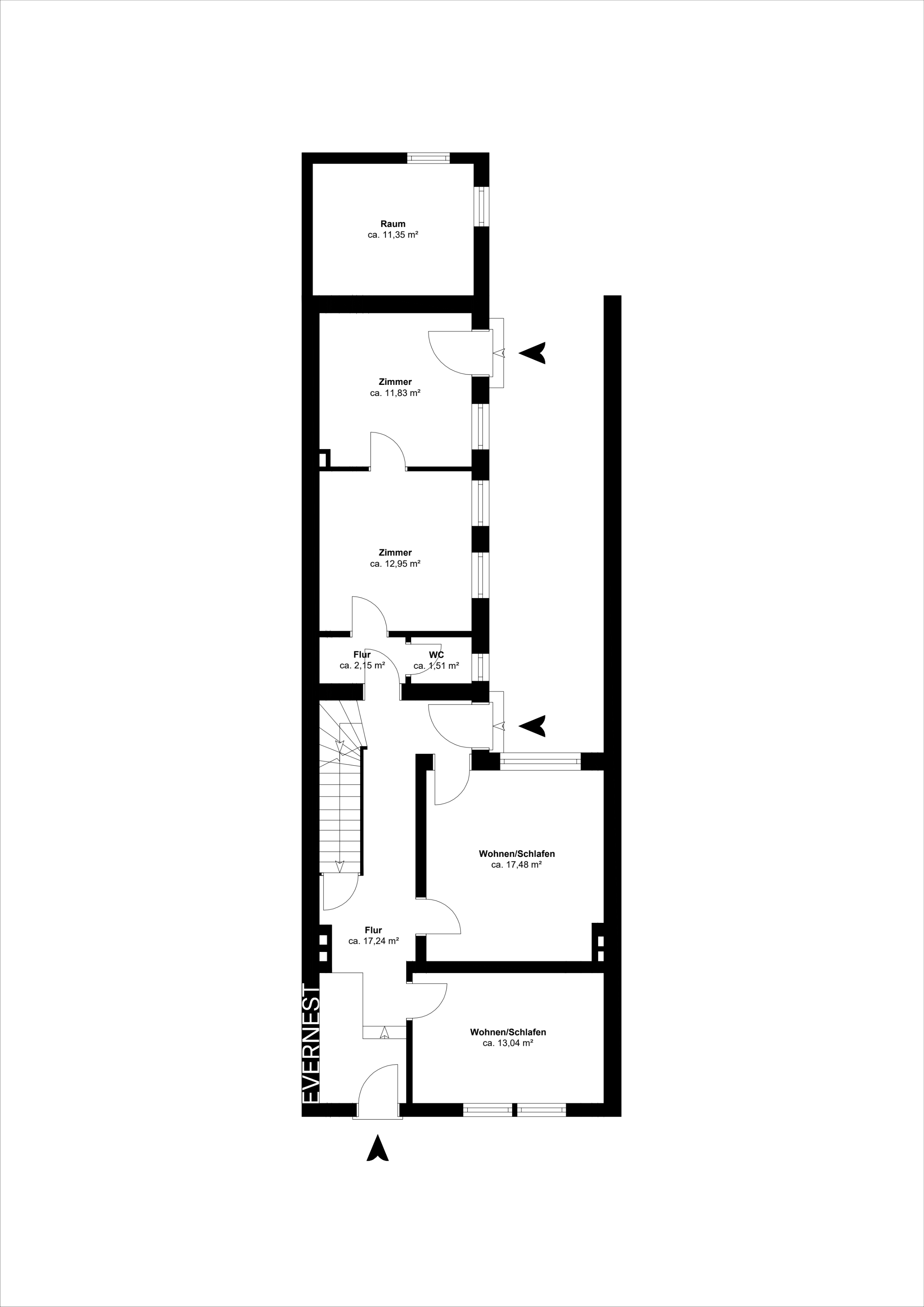 Grundriss mit mehreren Zimmern, Fluren, WC und zwei Wohn-/Schlafbereichen.