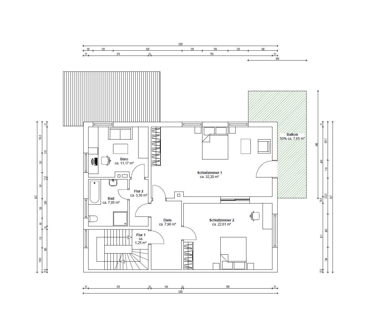 Grundriss einer Wohnung mit zwei Schlafzimmern, Bad, Büro, Flur und Balkon.
