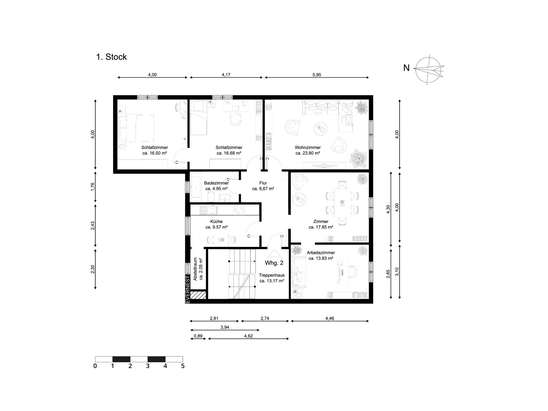 Grundriss einer Wohnung mit Schlafzimmern, Wohnzimmer, Küche und weiteren Räumen.