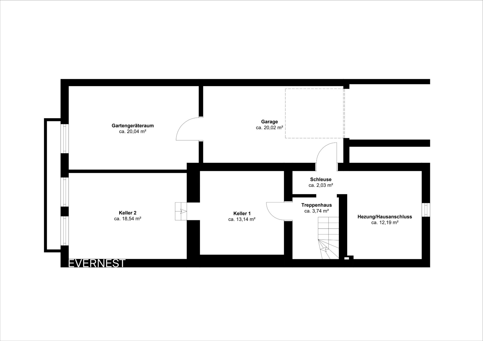 Grundriss mit Garage, Geräteraum, zwei Kellern, Heizung und Treppenhaus.