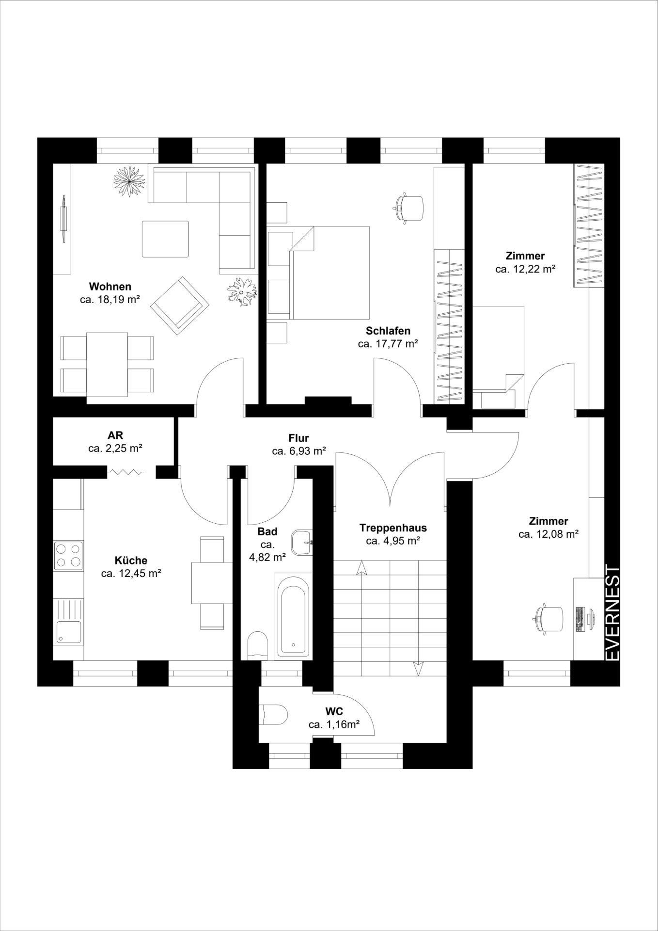 Grundriss einer Wohnung mit Wohnzimmer, Küche, Bad, WC, Flur und drei Zimmern.
