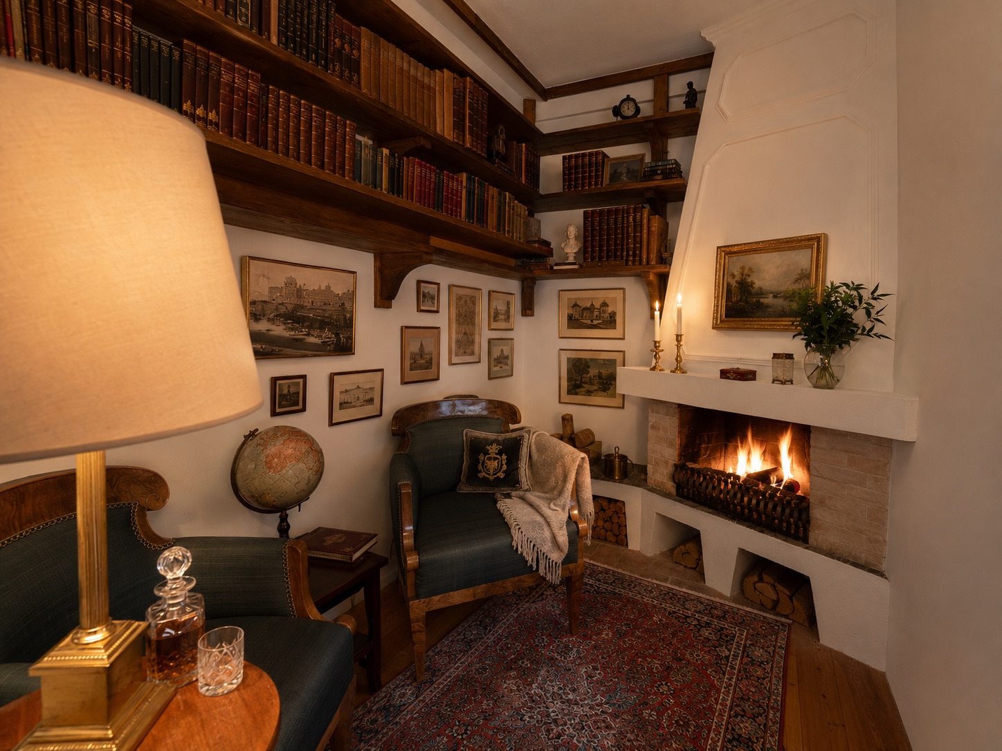 Gemütliches Wohnzimmer mit Bibliothek, Sessel, Kamin, Globus und Teppich.
