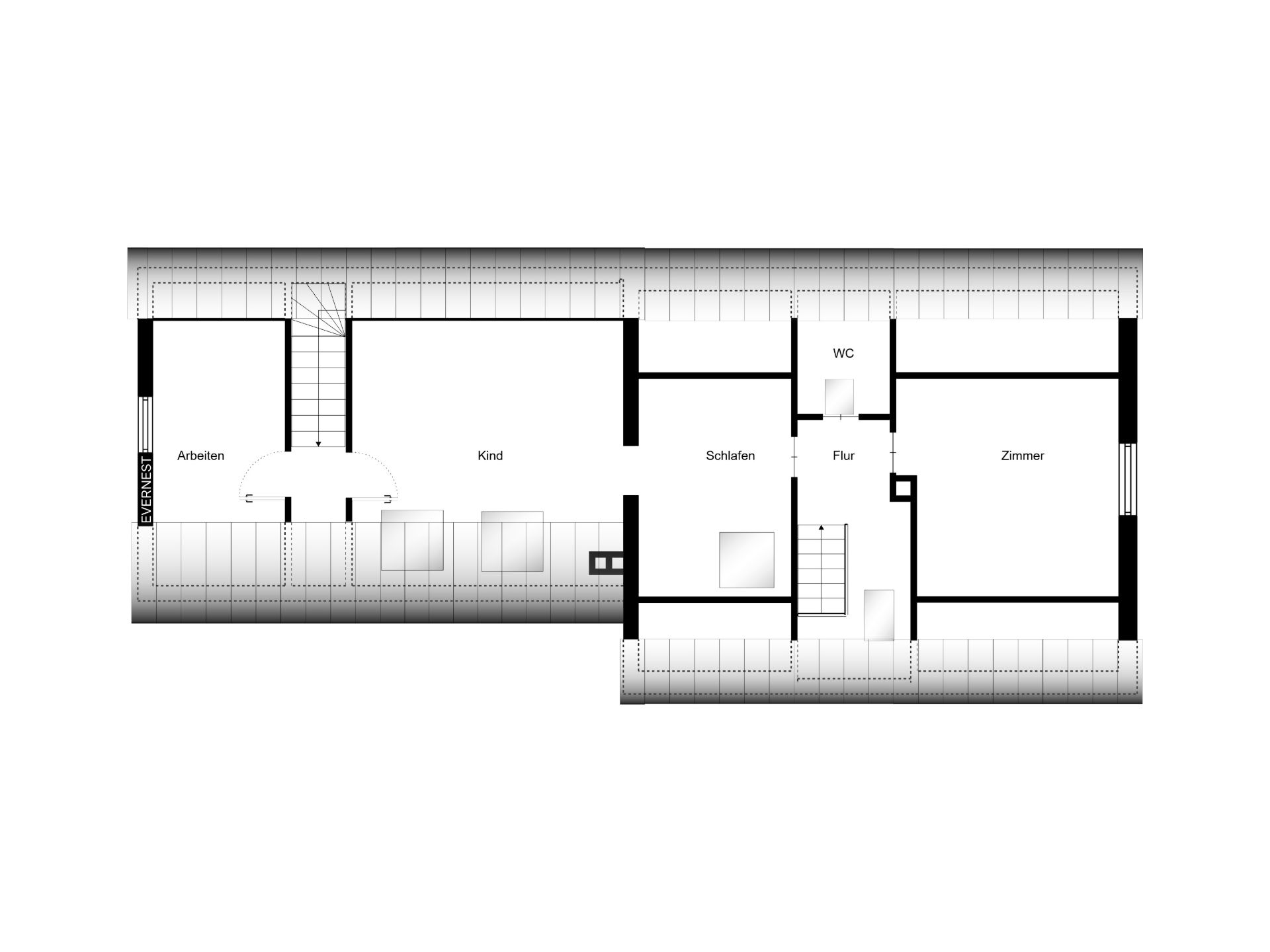 Schwarz-weißer Grundriss mit Räumen: Arbeiten, Kind, Schlafen, WC, Flur und Zimmer.