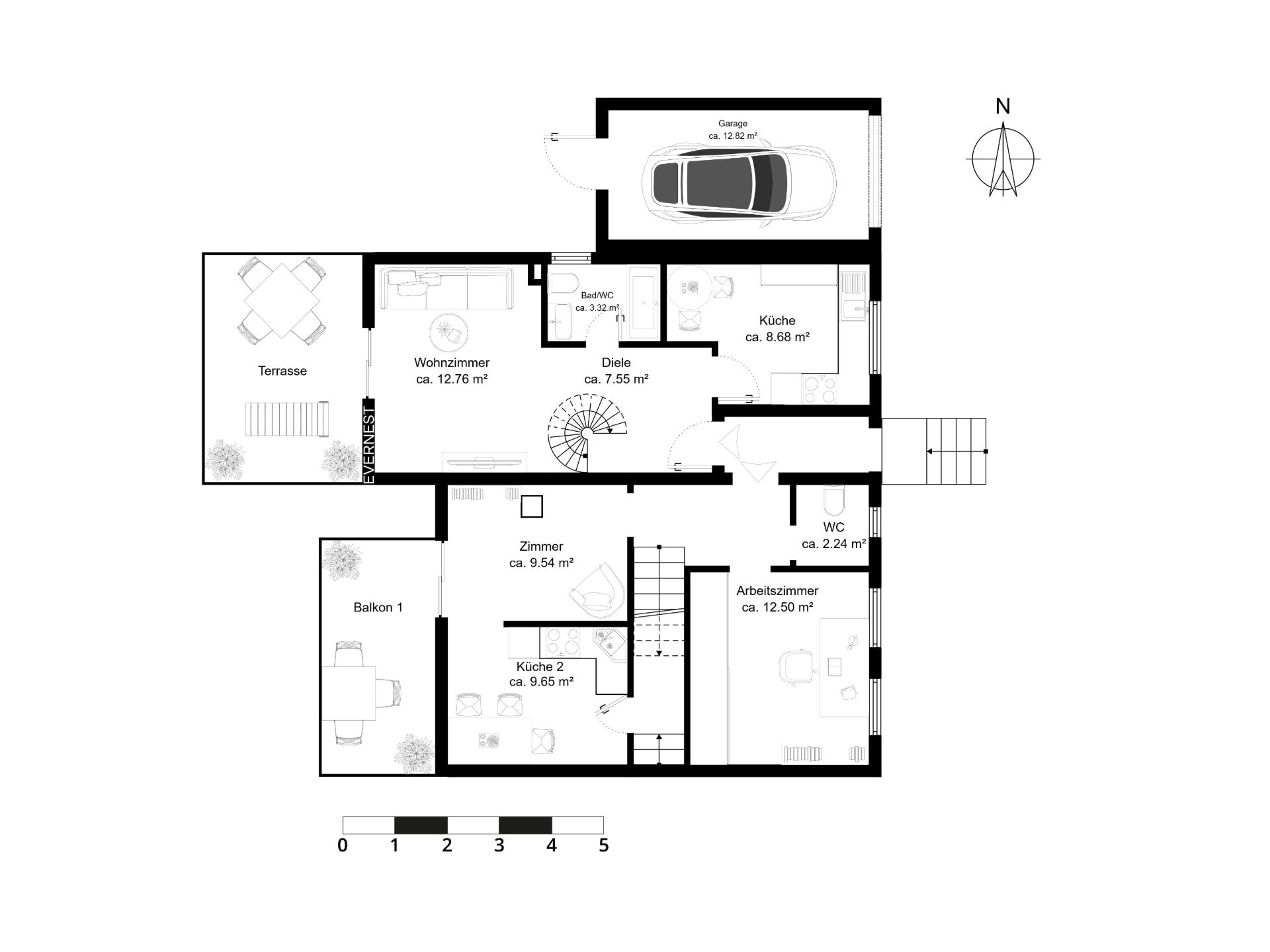 Grundriss eines Wohnhauses mit Garage, Wohnzimmer, Küchen, Terrasse und Balkon.