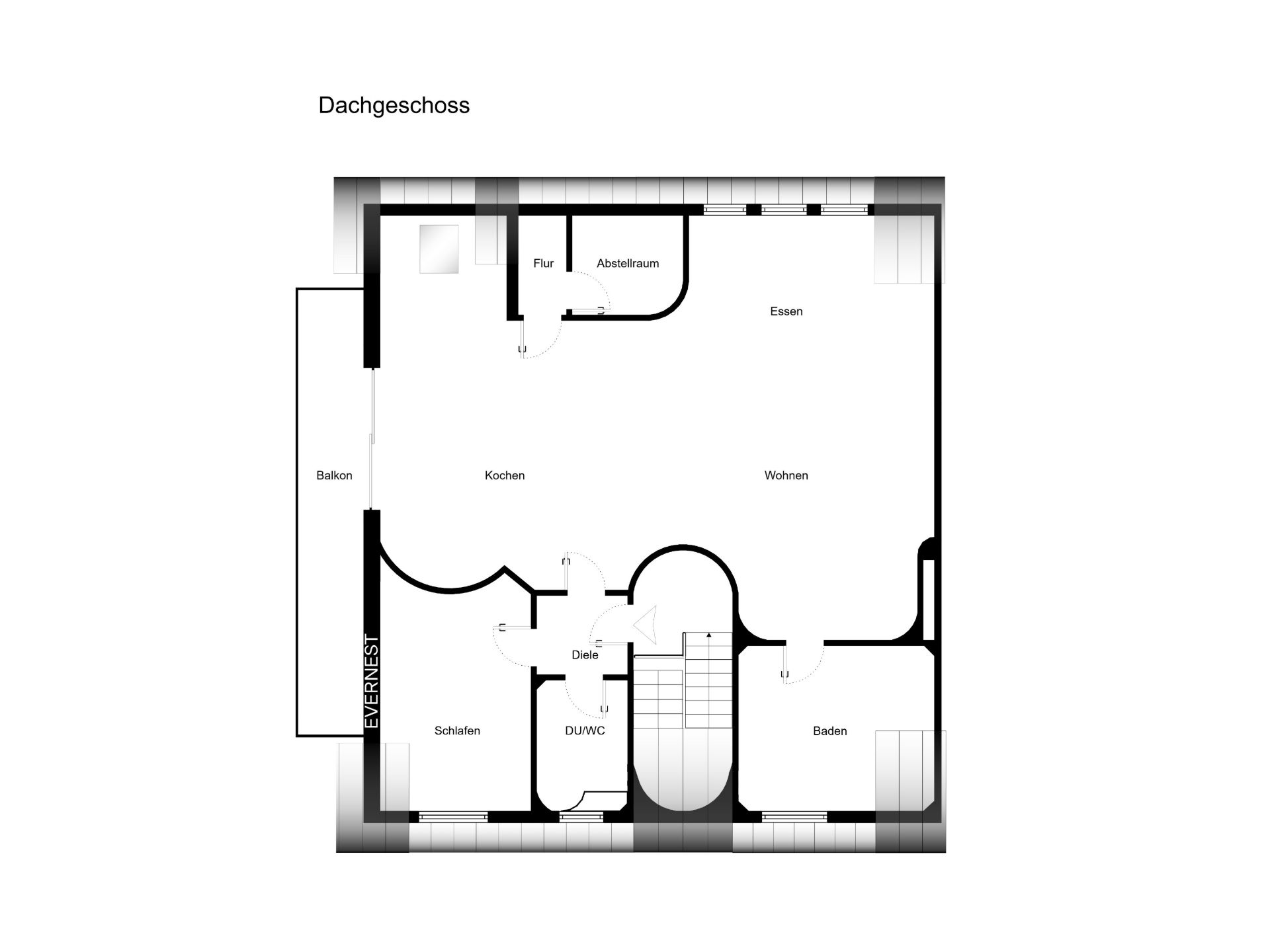 Grundriss eines Dachgeschosses mit Balkon, Schlafzimmer, Bad, Küche, Wohn- und Essbereich.