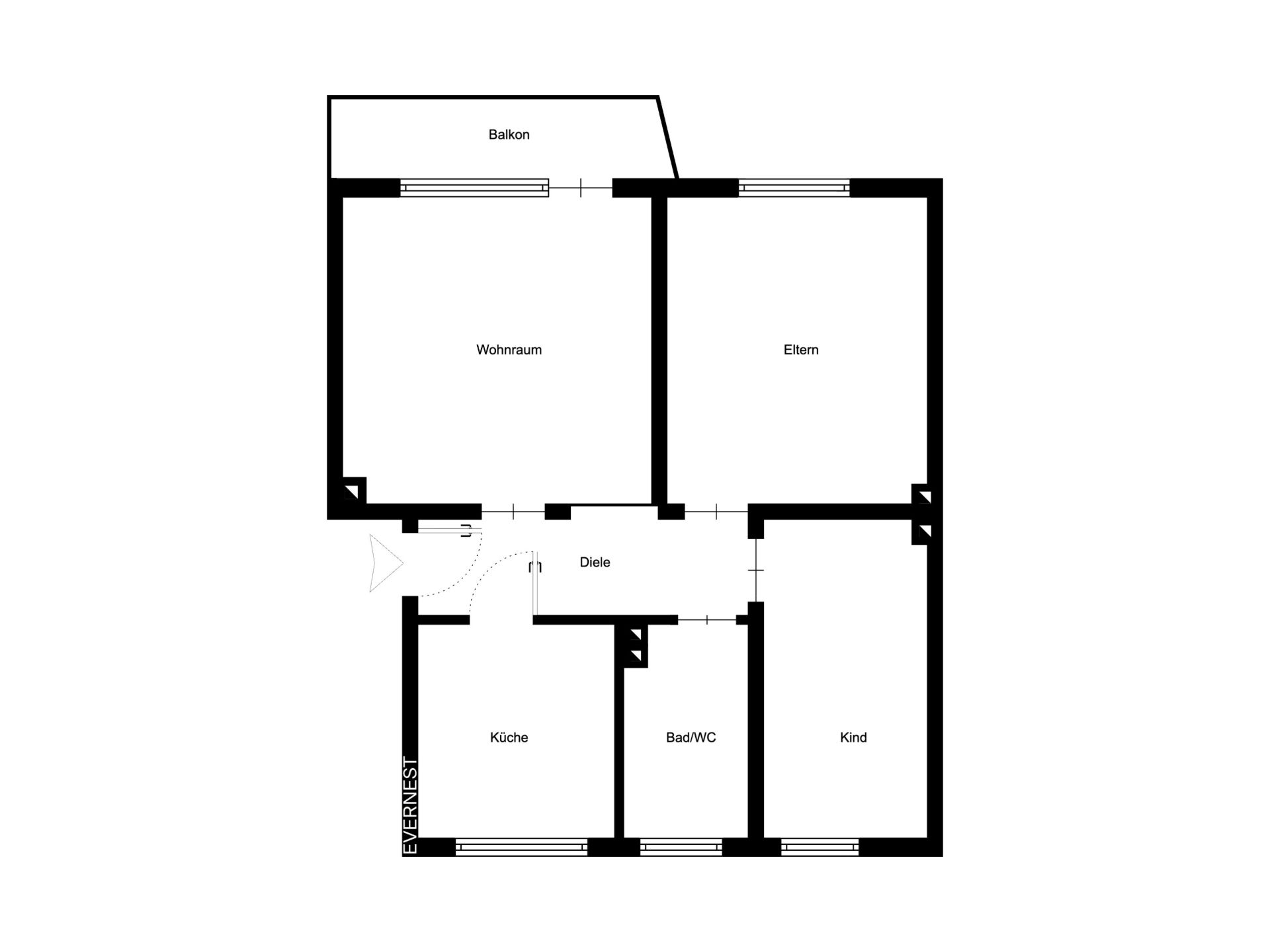 Grundriss einer Wohnung mit Wohnraum, Eltern-, Kinderzimmer, Küche, Bad, Diele und Balkon.
