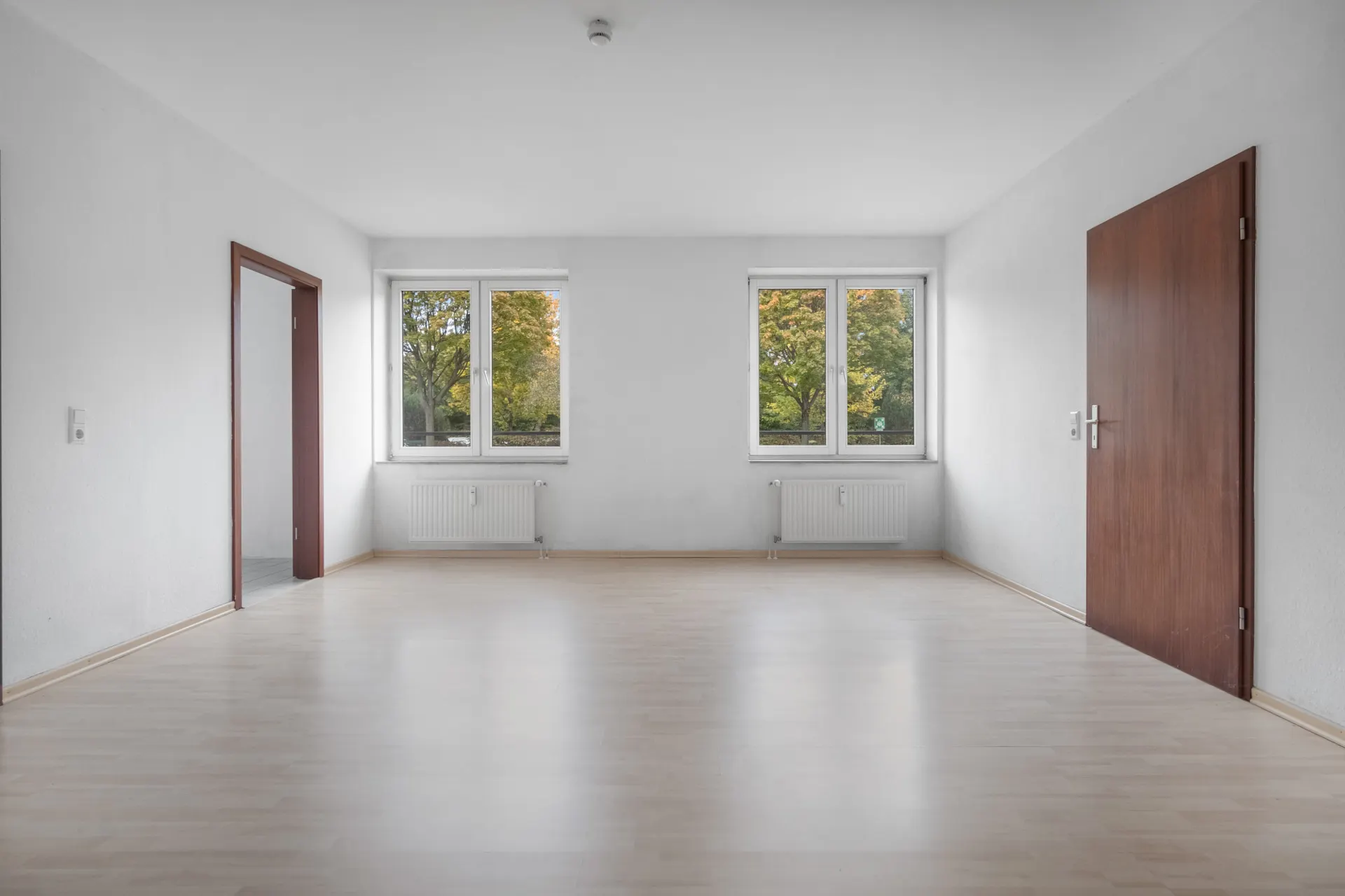 Leerer, heller Raum mit zwei Fenstern, Holztür und hellem Laminatboden.