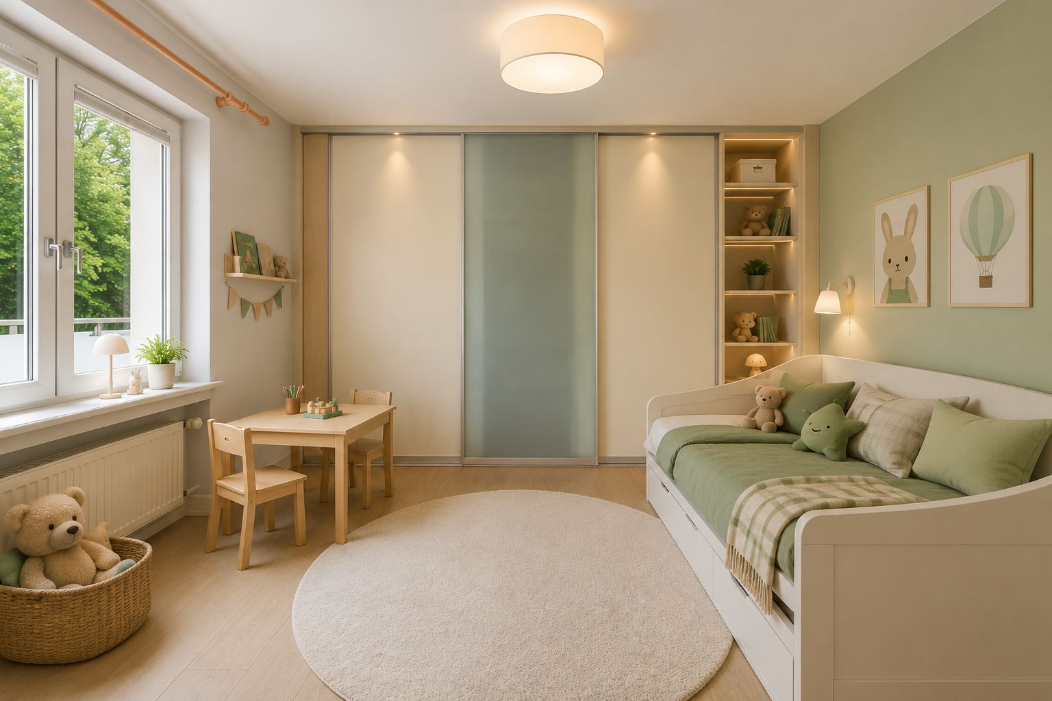 Helles Kinderzimmer mit Tagesbett, Spieltisch, Teppich und Kuscheltieren.