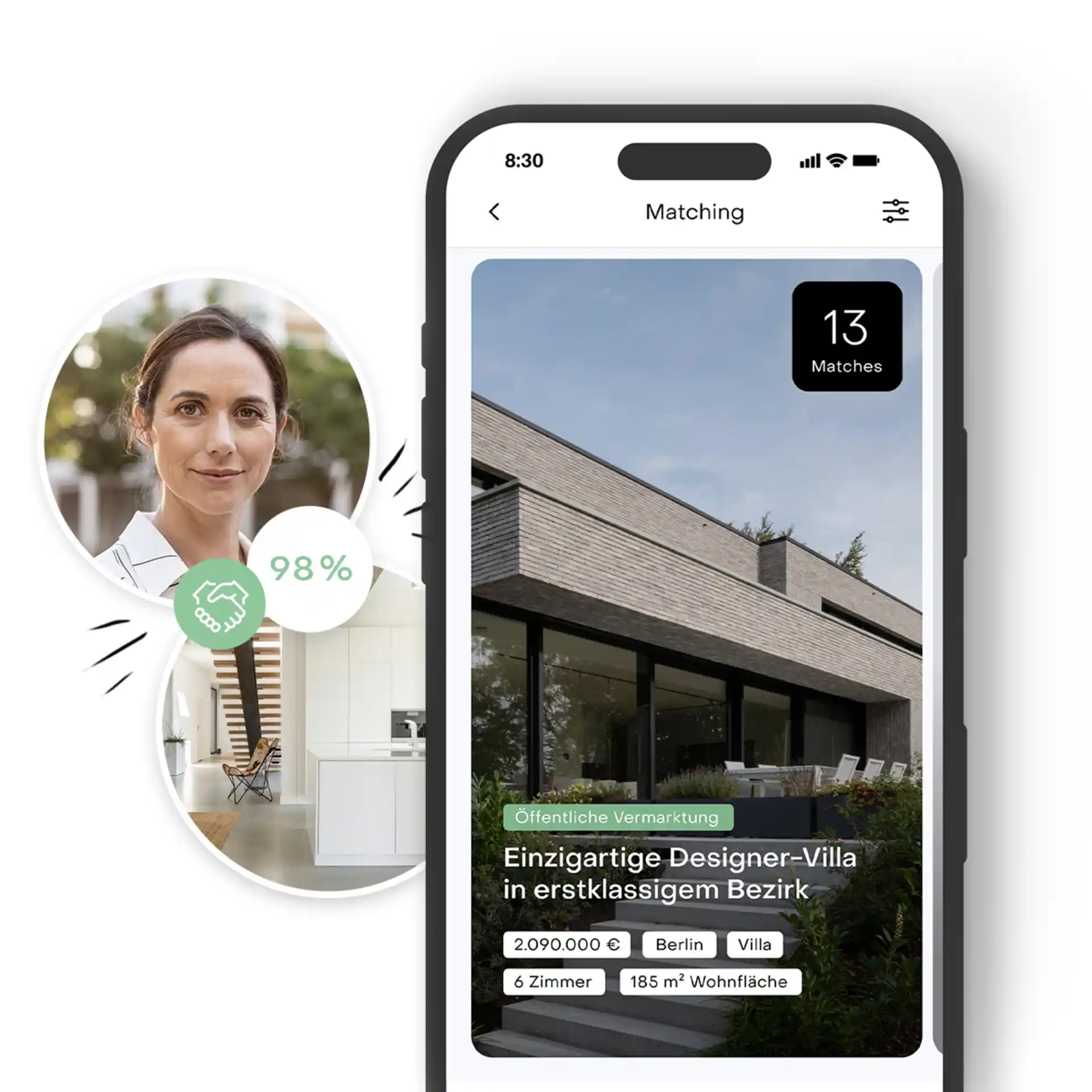 Smartphone zeigt moderne Villa und Immobilieninformationen. Daneben Portrait einer Frau und Wohnküche.