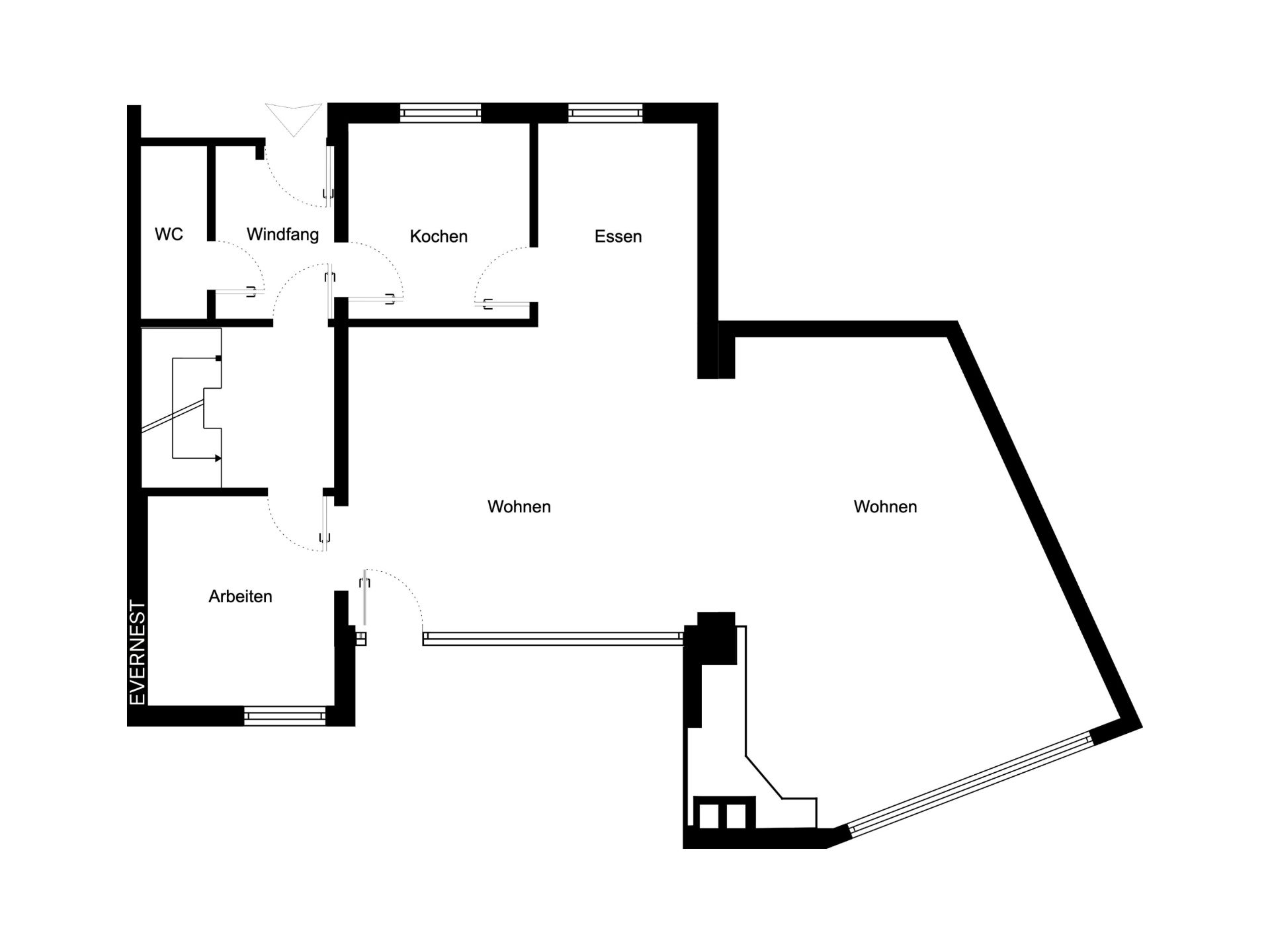 Grundriss mit Räumen: Wohnen, Essen, Kochen, Arbeiten, WC und Windfang.