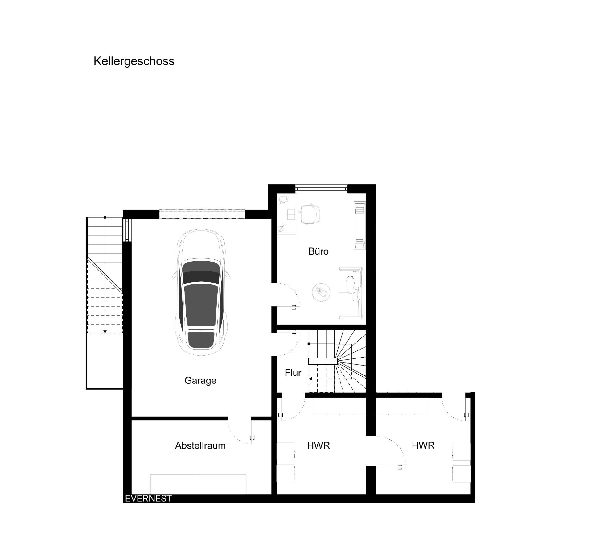 Grundriss des Kellergeschosses mit Garage, Abstellraum, Büro, Flur und zwei HWR-Räumen.