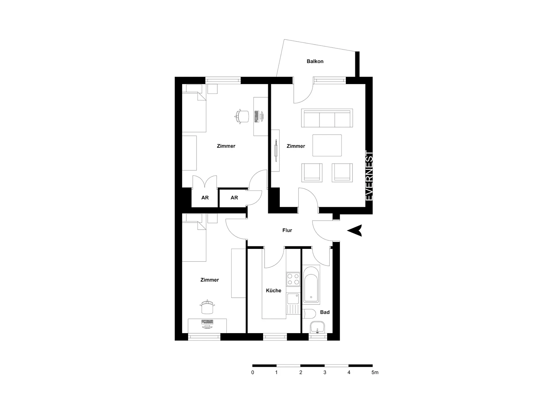 Grundriss einer Wohnung mit drei Zimmern, Küche, Bad, Flur, Balkon und zwei Abstellräumen.