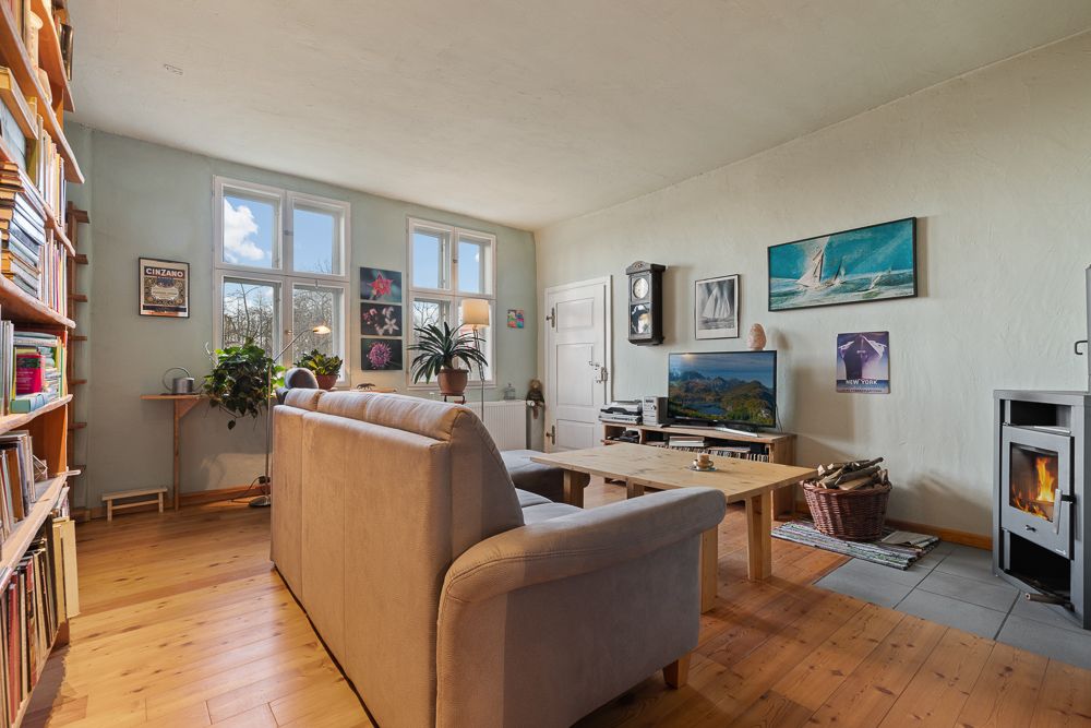 Wohnzimmer mit Sofa, Couchtisch, Fernseher, Bücherregal, Pflanzen und Kaminofen.