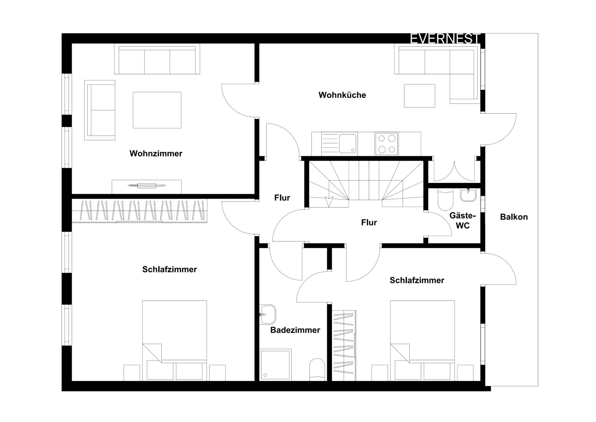 Grundriss einer Wohnung mit Wohnzimmer, Wohnküche, zwei Schlafzimmern, Bad, Gäste-WC und Balkon.