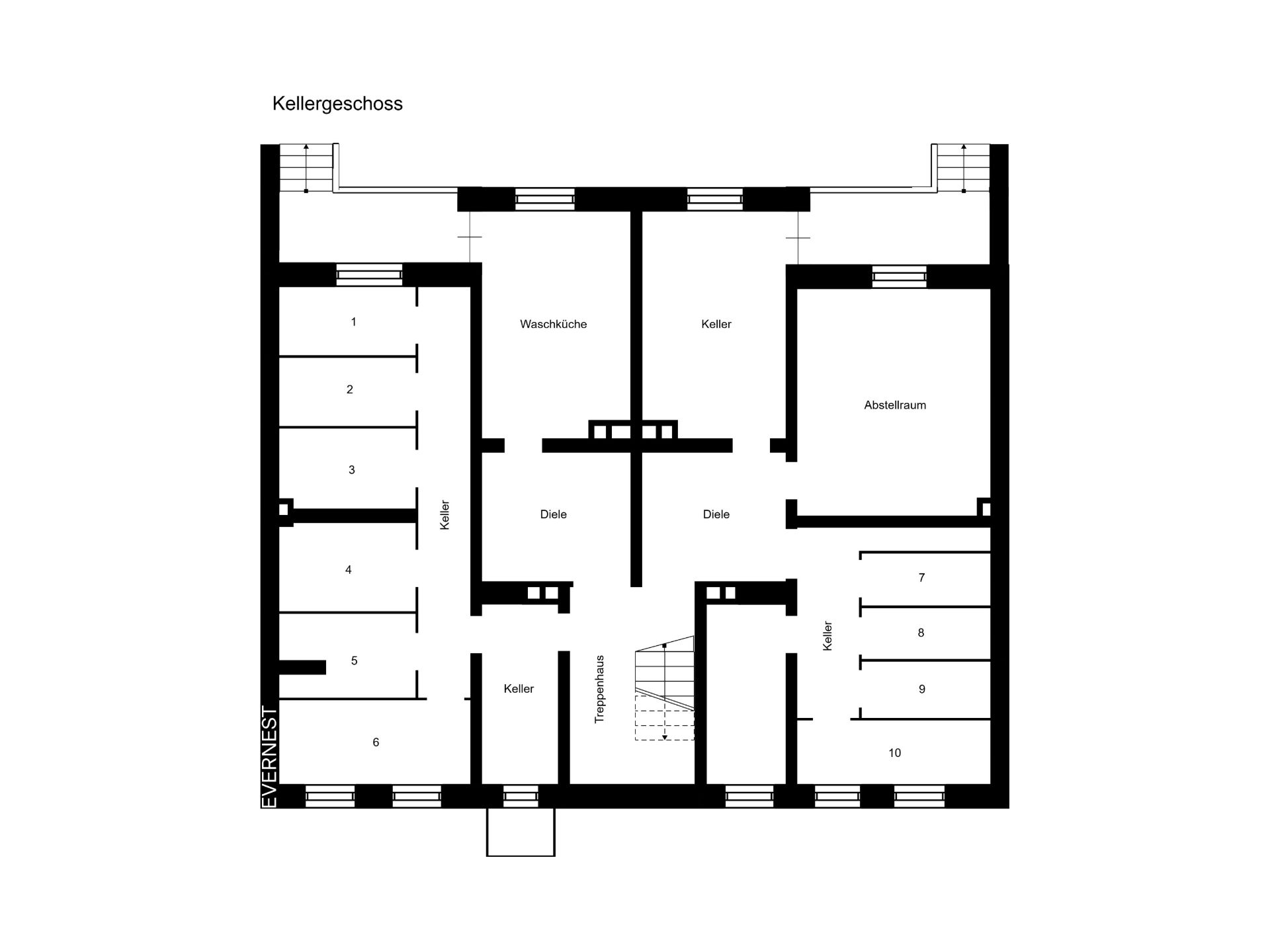 Grundriss des Kellergeschosses mit Waschküche, Abstellraum und mehreren Kellerräumen.