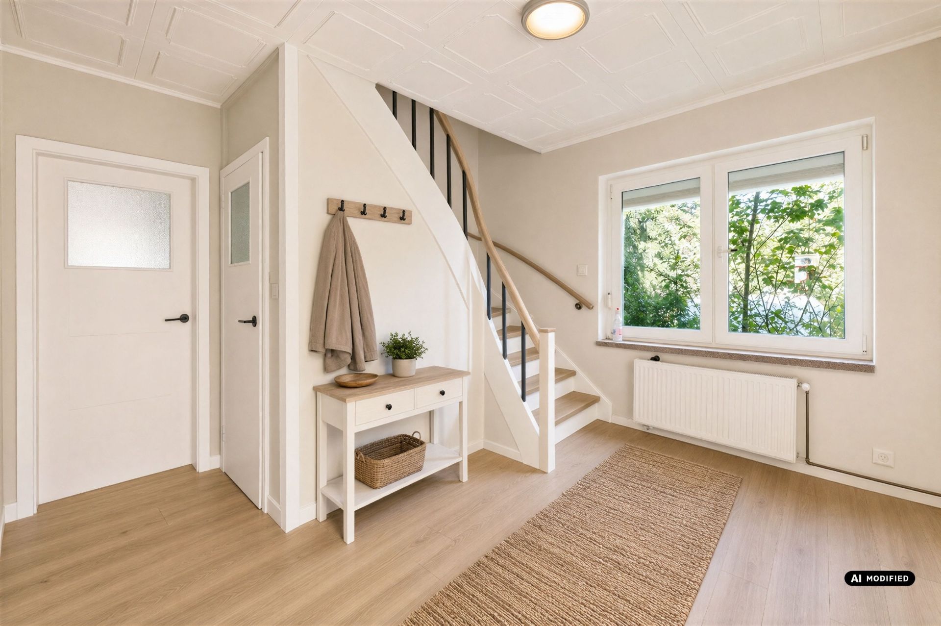 Heller Flur mit Holztreppe, Teppich, Fenster, Tisch und Garderobenhaken.