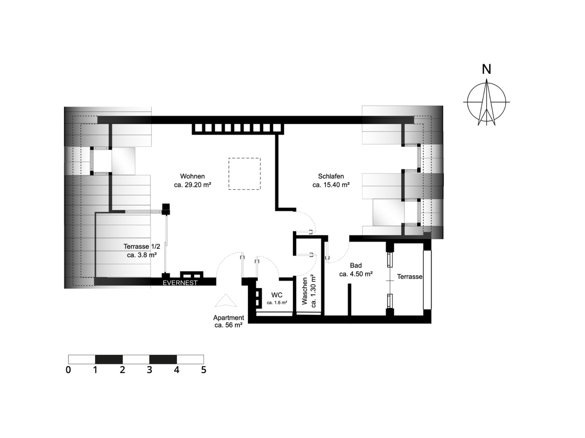 Grundriss einer Wohnung mit Wohnbereich, Schlafzimmer, Bad, WC und zwei Terrassen.