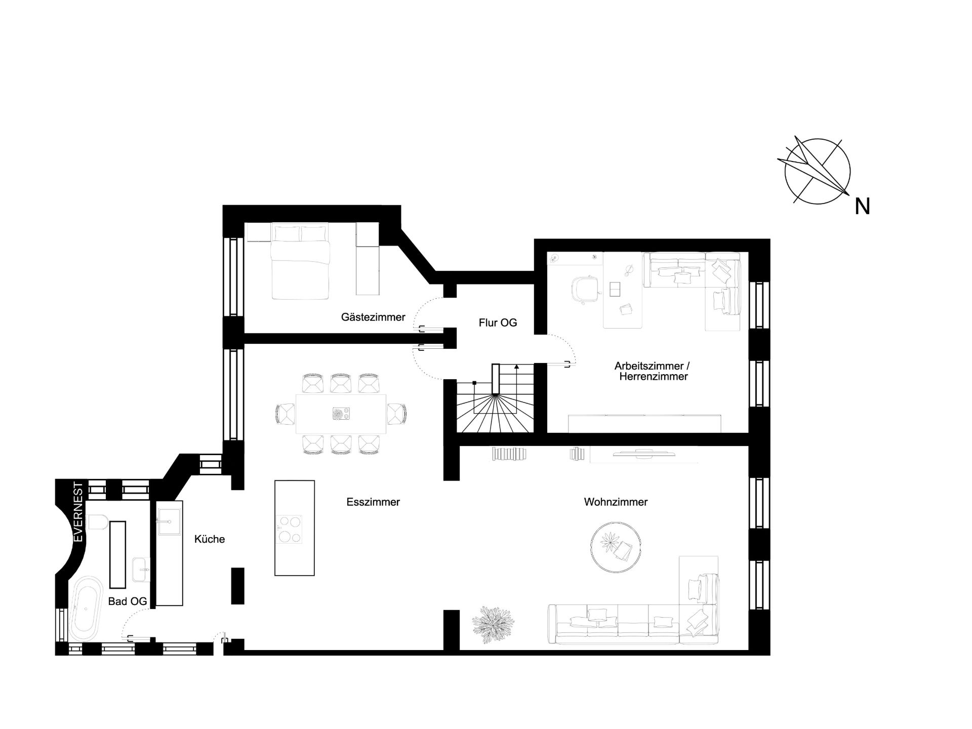 Grundriss eines Hauses mit Küche, Bad, Esszimmer, Wohnzimmer, Gästezimmer und Arbeitszimmer.