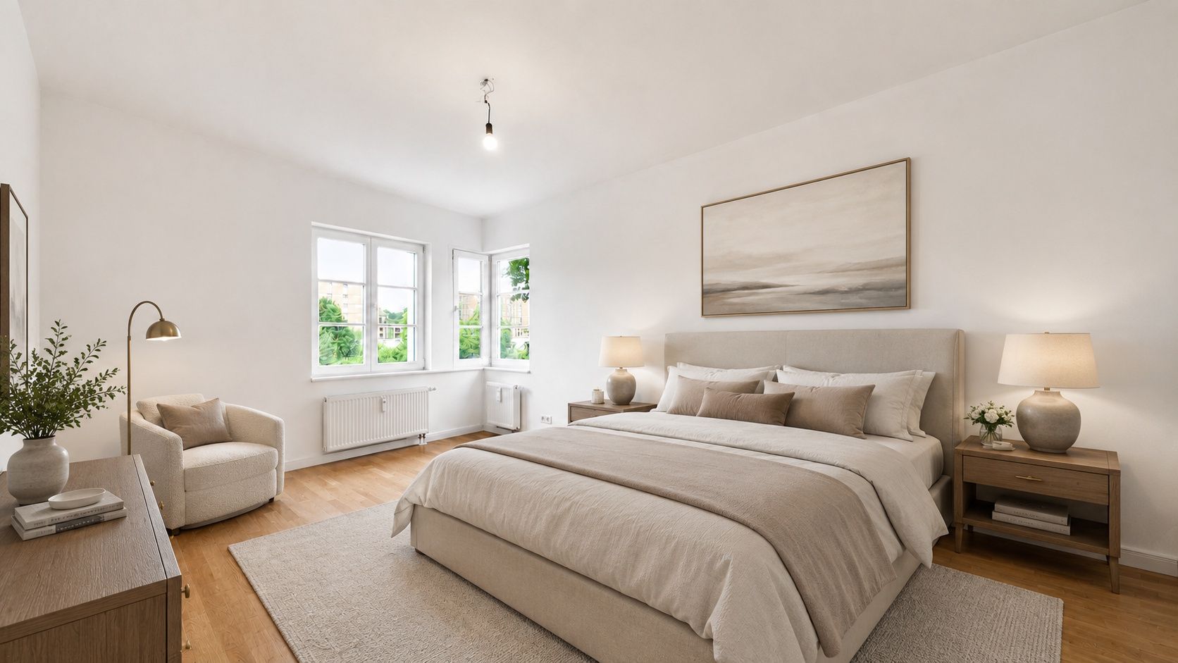 Helles Schlafzimmer mit Doppelbett, zwei Nachttischen, Sessel und großem Fenster.
