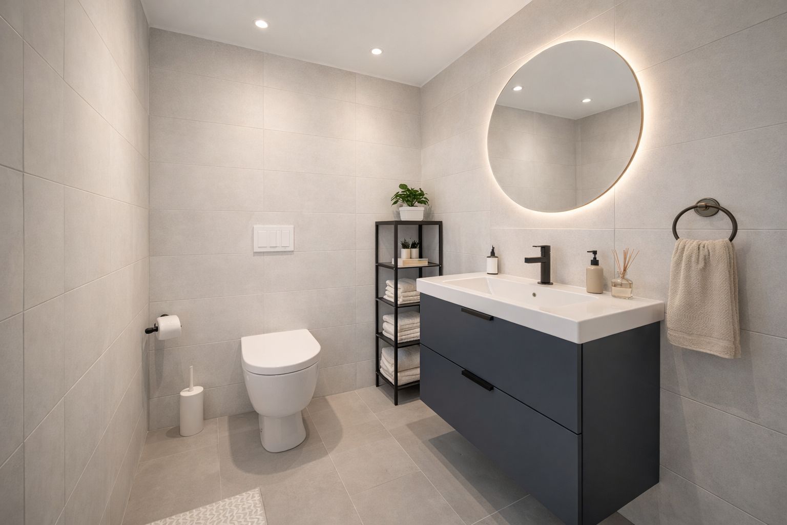 Modernes Badezimmer mit rundem Spiegel, Doppelwaschbecken und Regal mit Handtüchern.