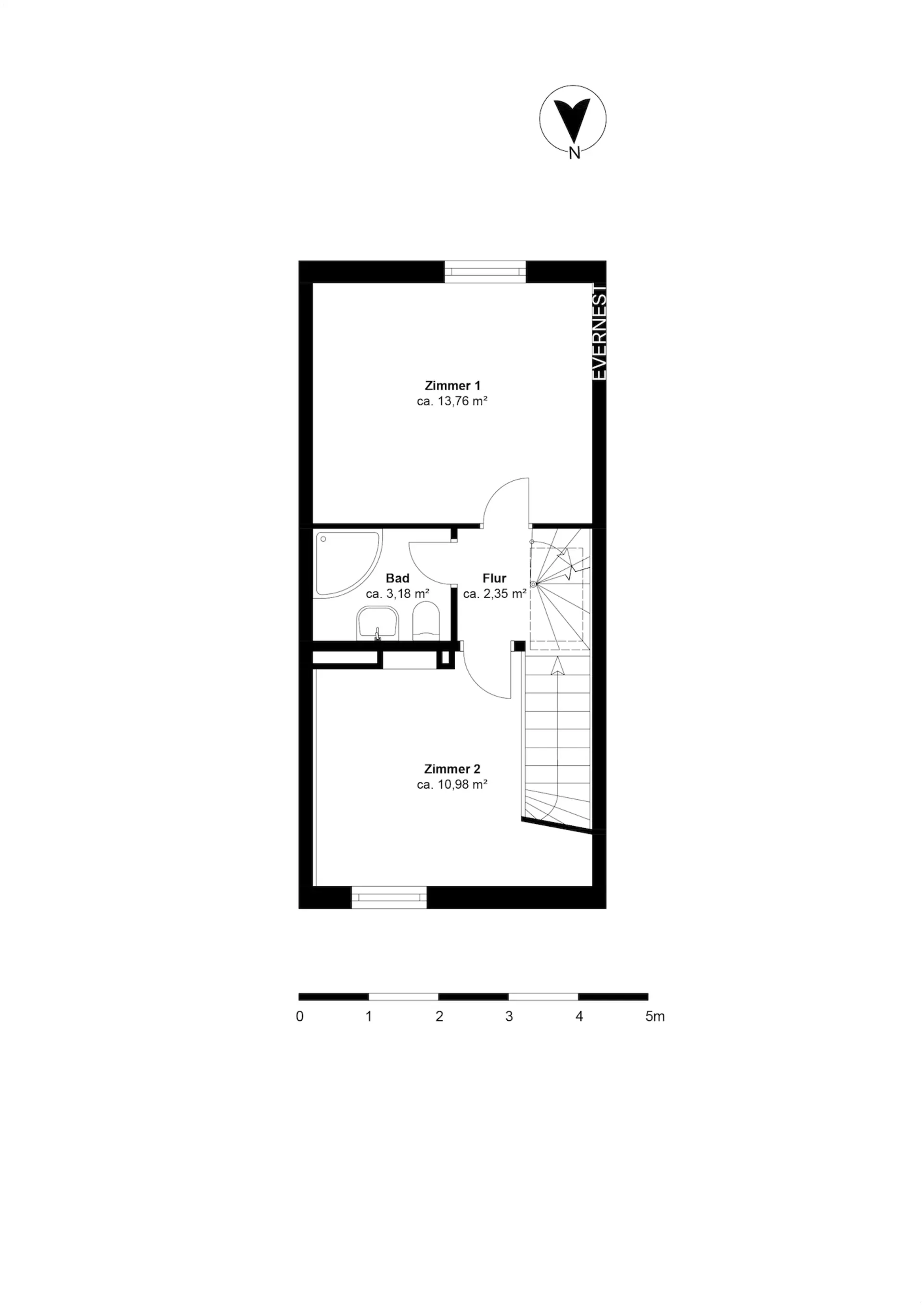 Grundriss mit zwei Zimmern, Bad, Flur und Treppe auf einer Etage.