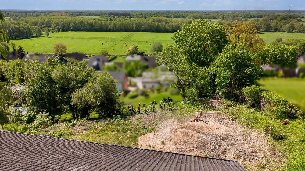 Blick auf einen Garten mit Bäumen und Wiese, im Hintergrund weite grüne Felder.