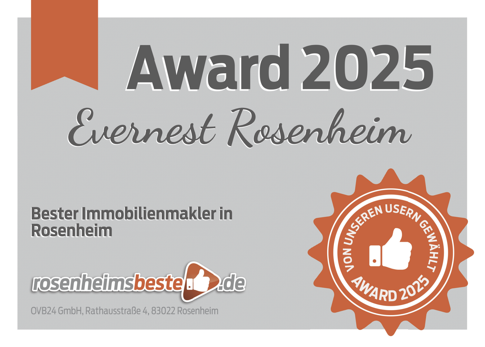 Urkunde mit der Aufschrift 'Award 2025' und einem Siegel für den besten Immobilienmakler in Rosenheim.