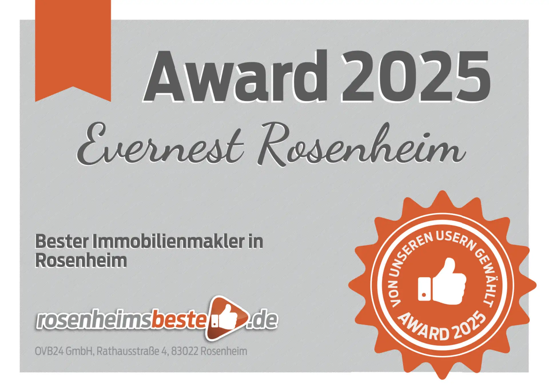 Urkunde mit der Aufschrift 'Award 2025' und einem Siegel für den besten Immobilienmakler in Rosenheim.