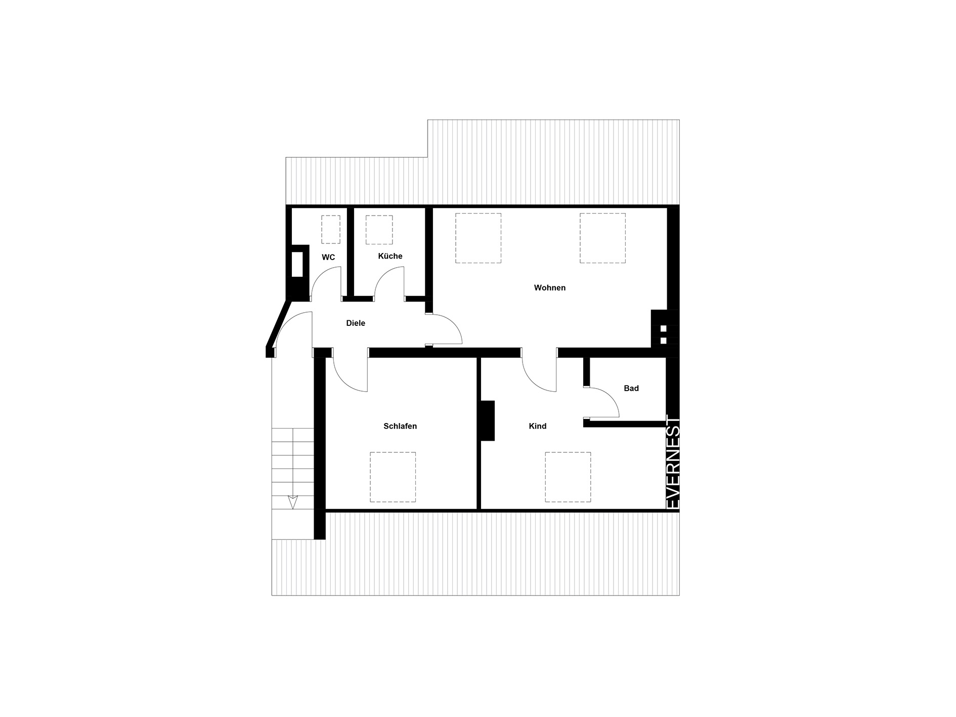 Grundriss einer Wohnung mit Zimmern: Schlafen, Kind, Wohnen, Küche, Bad, WC und Diele.
