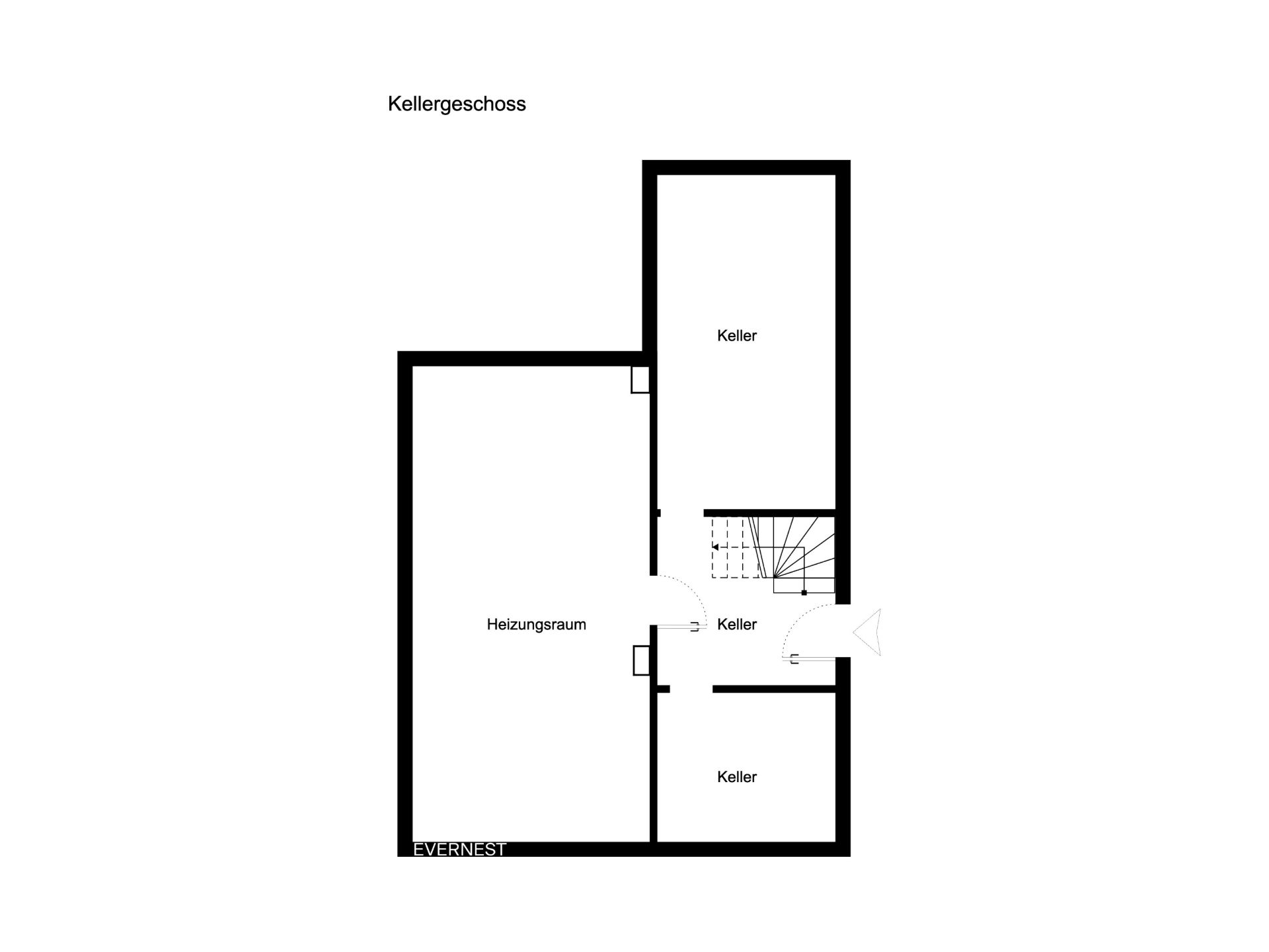 Grundriss des Kellers mit Heizungsraum und drei Kellerräumen.