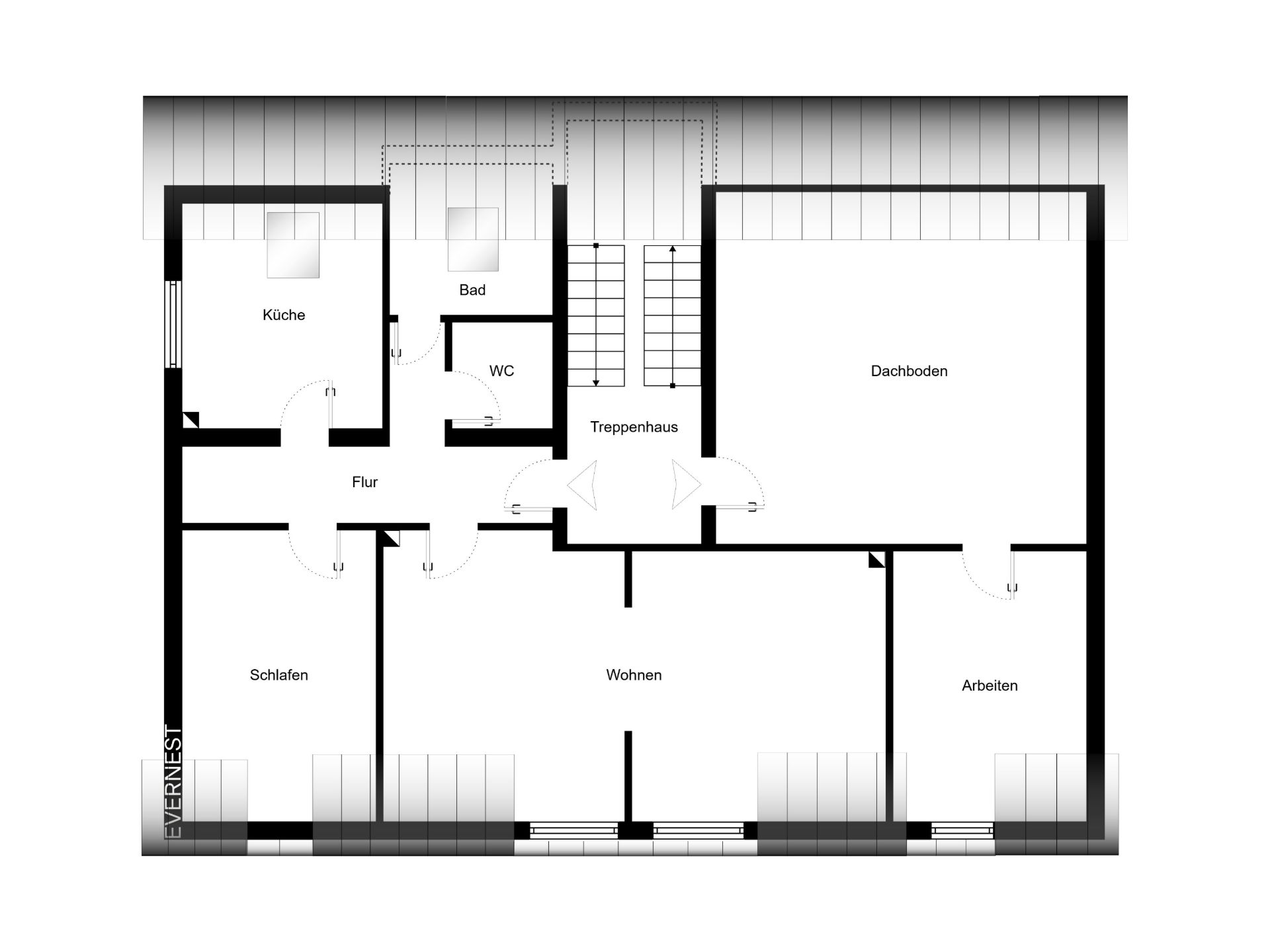 Grundriss einer Wohnung mit Küche, Bad, WC, Schlafen, Arbeiten, Wohnen und Dachboden.