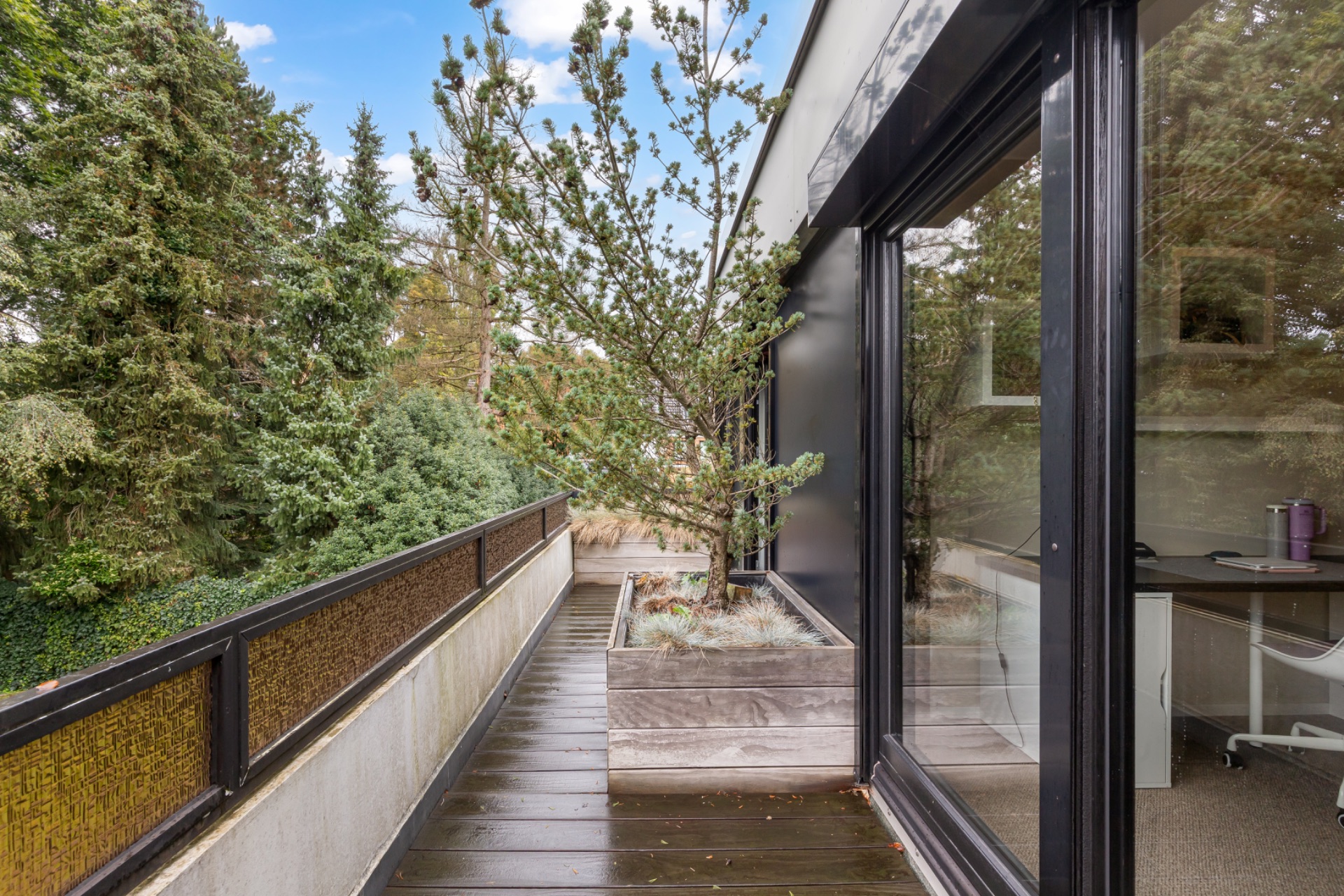 Balkon mit Holzboden, Pflanzkasten mit Baum und Blick in ein modernes Zimmer, umgeben von Bäumen.