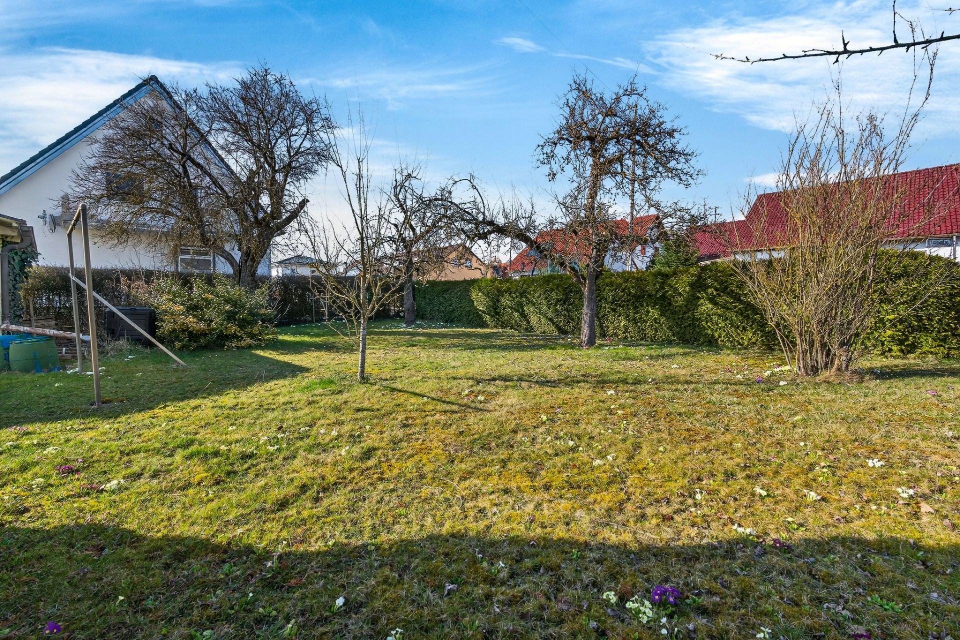 Garten mit Rasenfläche, mehreren Bäumen und Hecke, Nachbarhäuser im Hintergrund.